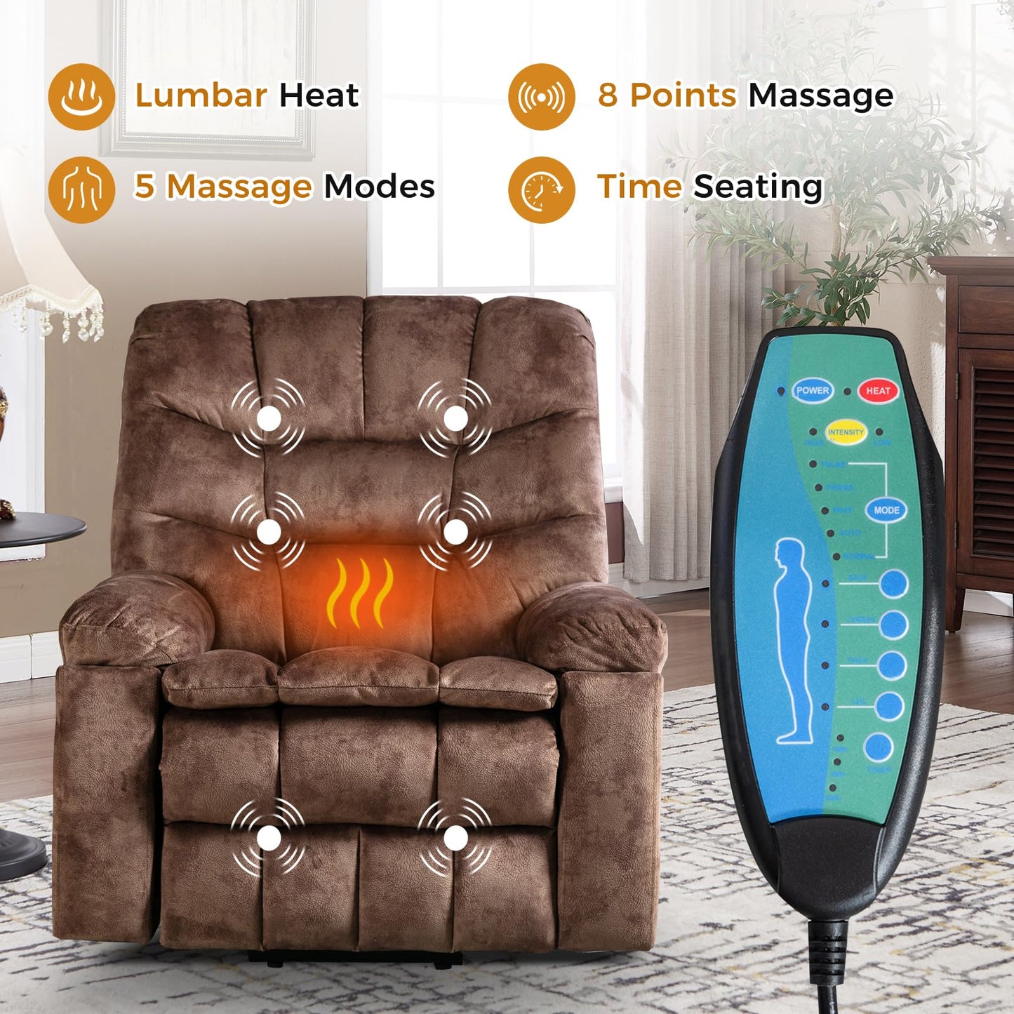 IOMOR Large Power Lift Recliner with Massage and Heat for Elderly, Heavy Duty & Safety Motion Reclining Mechanism, Ergonomic Electric Wider Chair with USB Port, 2 Hidden Cup Holders (1, Brown)