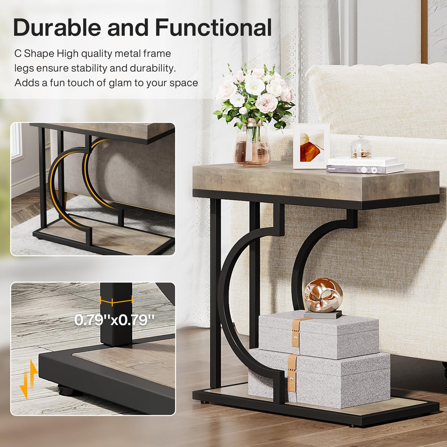 Tribesigns Narrow Side Table for Couch, C Shaped End Table with Metal Frame, Modern Bedside Tables, Small Sofa Tables for Small Spaces, Living Room (1, Brown+Black)