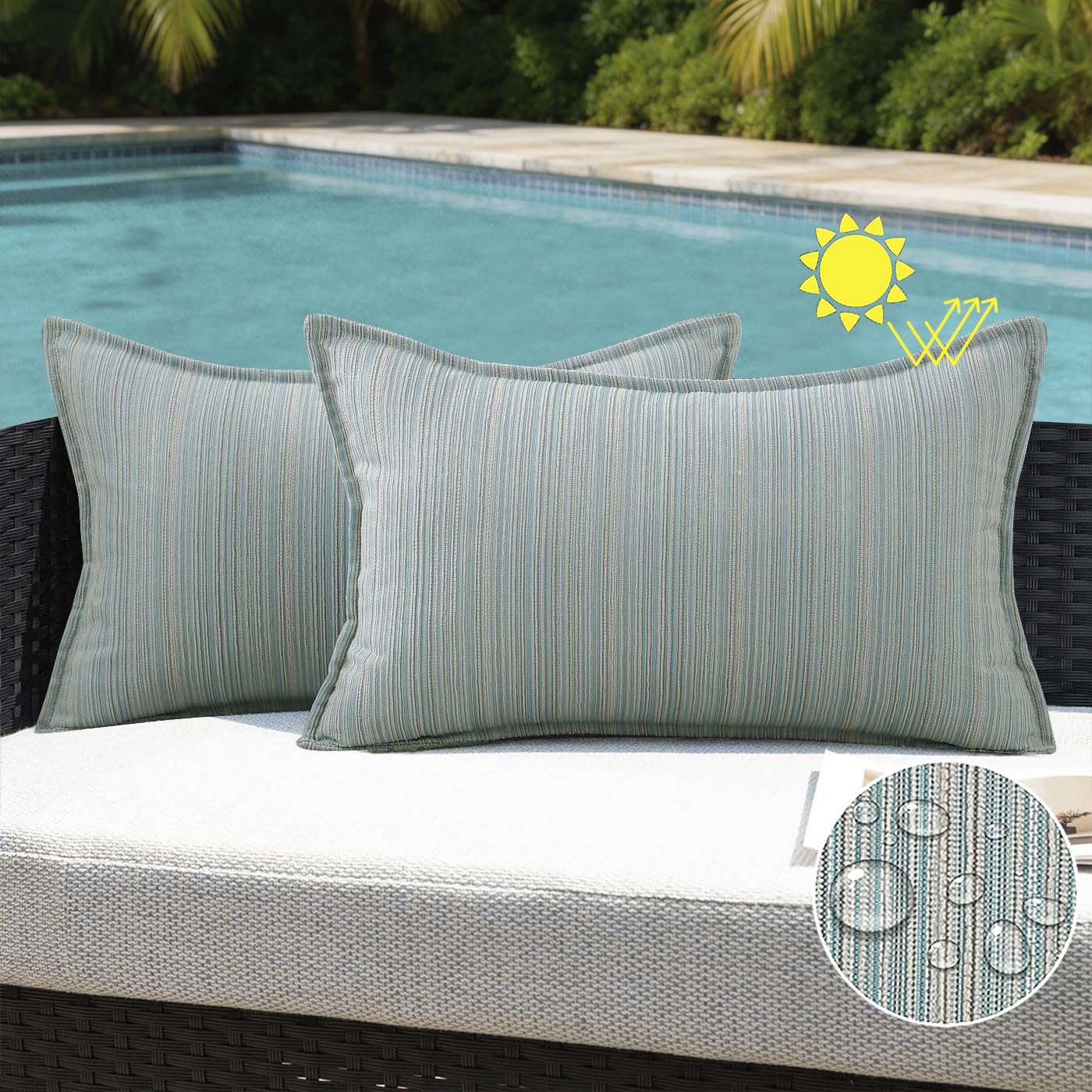 VAKADO Outdoor Waterproof Throw Pillow Covers 18x18 Set of 2,Chenille UV Decorative with Hem Patio Furniture Cushion Cases Decor for Bench Garden Tent Chair Seat Porch Couch,Stripe Beige