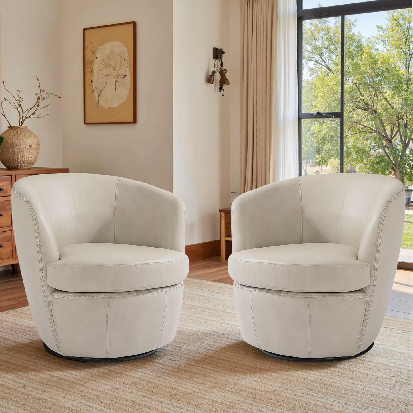 360° Swivel Barrel Accent Chair, Faux Leather Round Swivel Chair for Living Room, Comfy Upholstered Armchair Single Sofa Club Chair for Bedroom Reading Room, No Assembly Required - Light Brown
