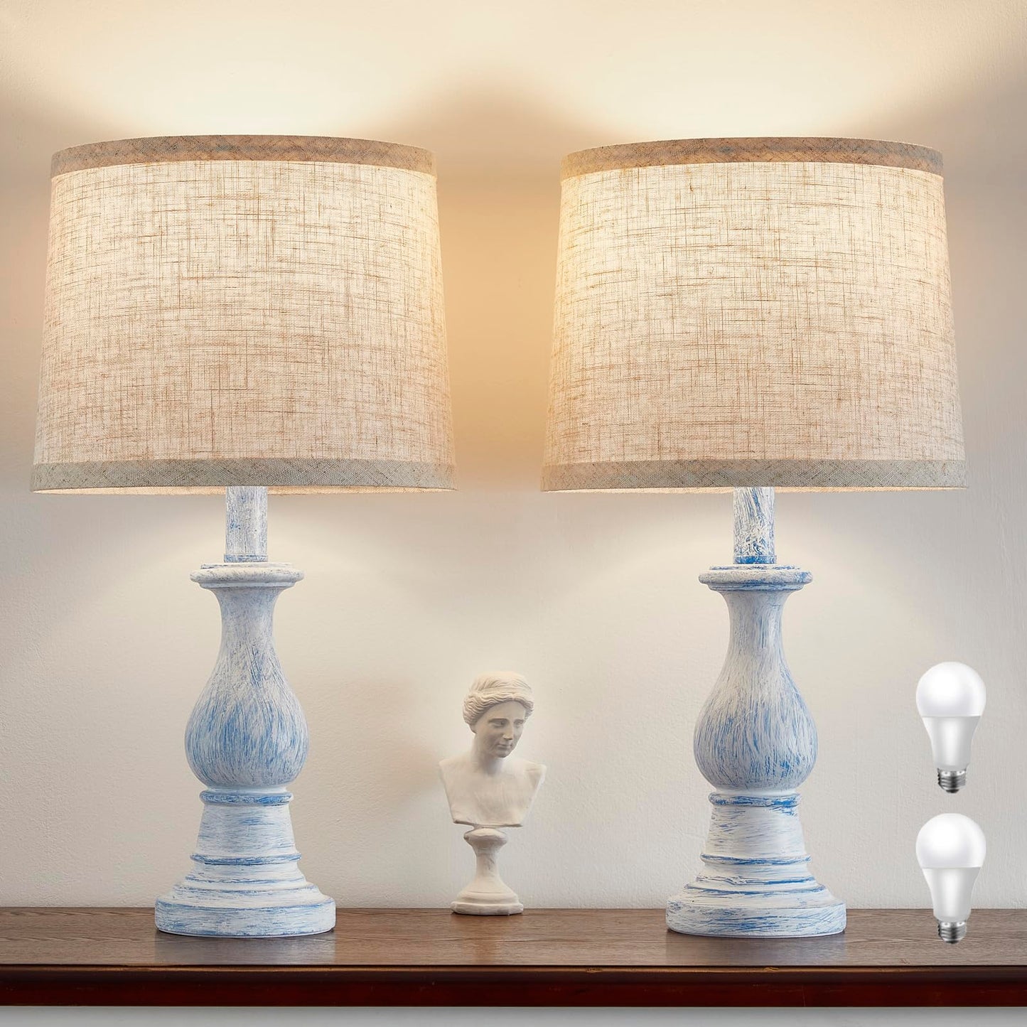 Vintage Table Lamp for Living Room Bedroom, 18.5" Farmhouse Bedside Lamps Nightstand Lamp Set of 2, Table Lamps with Oatmeal Linen Lamp Shades, 2 LED Bulbs Included