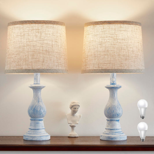 Vintage Table Lamp for Living Room Bedroom, 18.5" Farmhouse Bedside Lamps Nightstand Lamp Set of 2, Table Lamps with Oatmeal Linen Lamp Shades, 2 LED Bulbs Included