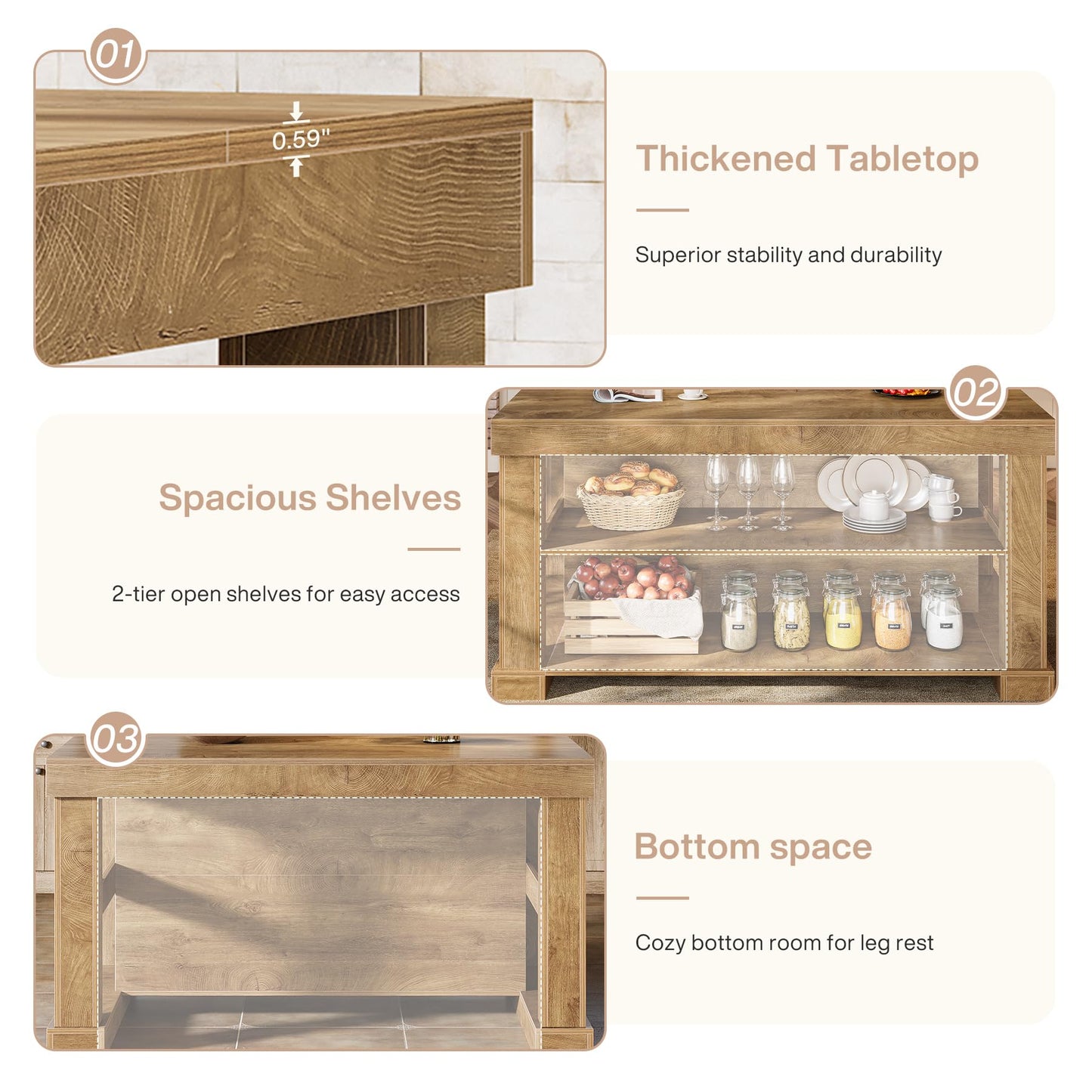 Tribesigns 55" Kitchen Island with Seating and Storage, 3-Tier Farmhouse Wood Stationary Island Table with Large Worktop & Leg Room, Coffee Bar Table with Storage Shelves for Kitchen, White and Brown