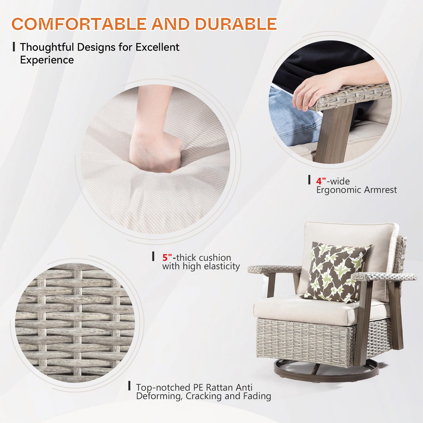 Joyside Patio Chair - Outdoor 360 Degree Swivel Rocker Chair with Durable Fabric Cushion and Ergonomic Structure, Patio Wicker Dining Chair(Grey/Dark Blue)