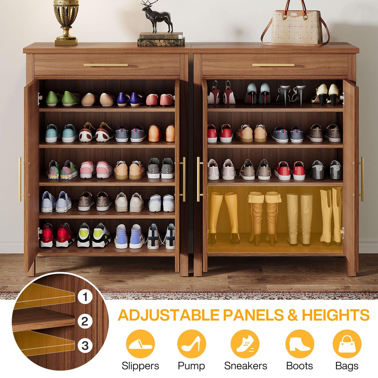 Tribesigns Shoe Cabinet, 5-Tier Shoe Storage Cabinet with Louvered Doors and Drawer, Freestanding Wooden Shoe Rack Organizer with Adjustable Shelves for Entryway, Hallway, Closet, Brown