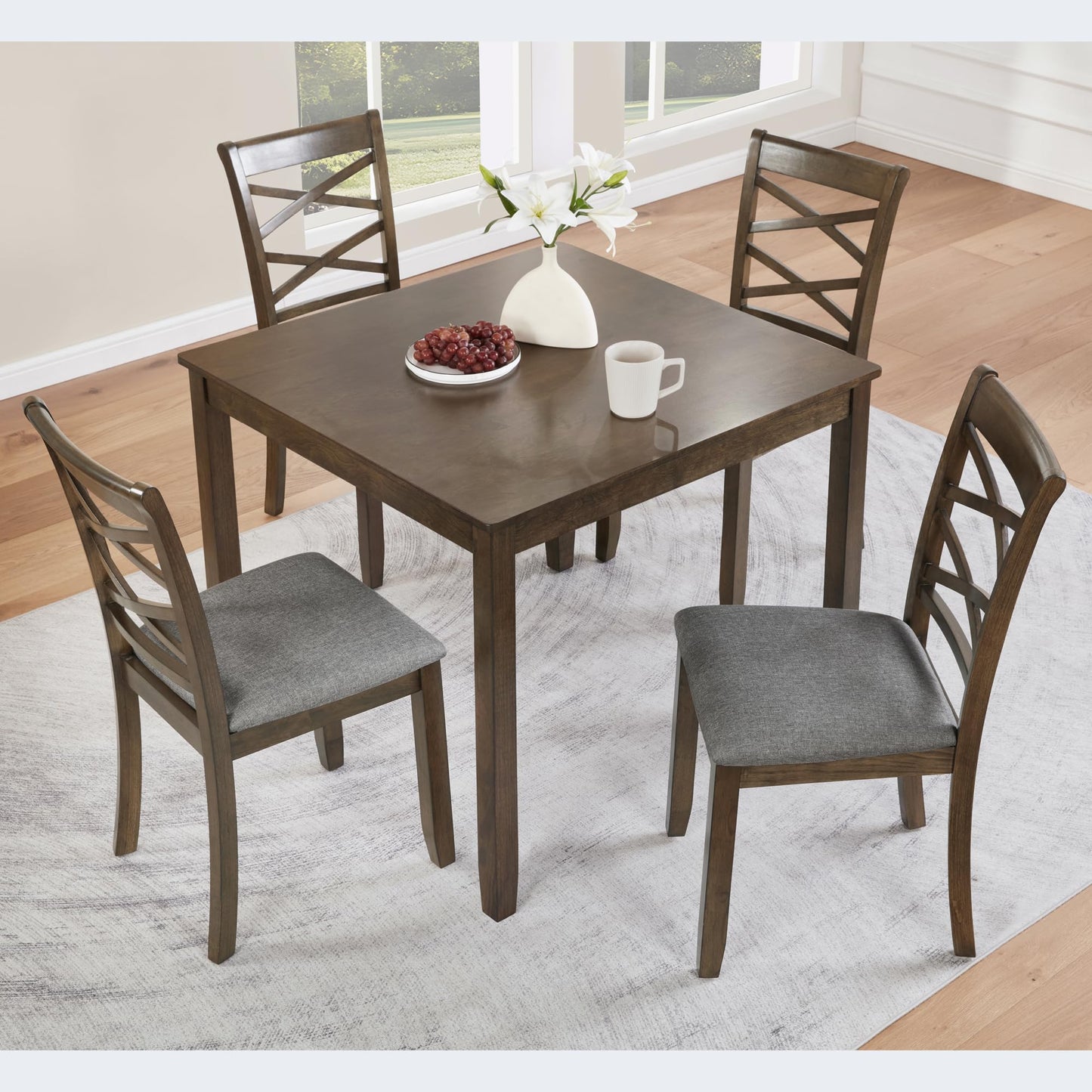 LKTART 5-Piece Kitchen & Dining Room Table and Chairs Sets,Small Square Kitchen Table with 4 Upholstered XX-Shaped Backrest Chairs,Walnut