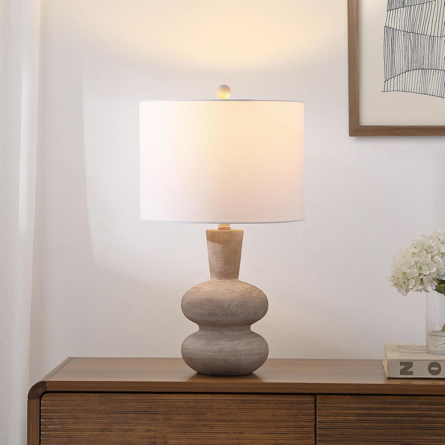 JONATHAN Y 24" Antique Brown Modern Minimalist Sculptural Oak-Grain Resin LED Table Lamp for Living Room Bedroom, White Linen Drum Shade, LED Bulb Included JYL5708A