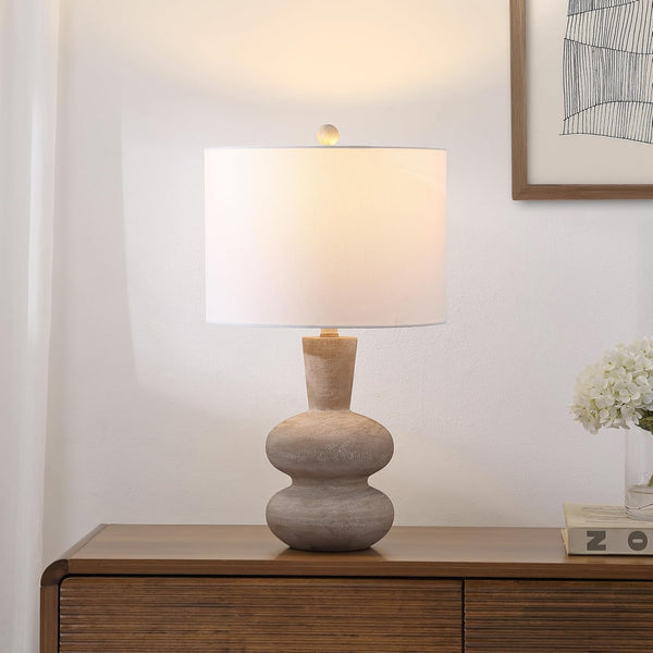 JONATHAN Y 24" Antique Brown Modern Minimalist Sculptural Oak-Grain Resin LED Table Lamp for Living Room Bedroom, White Linen Drum Shade, LED Bulb Included JYL5708A