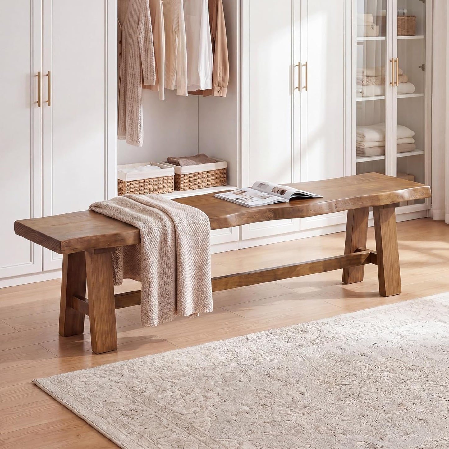 Solid Wood Entryway Bench, 63" Long Bed Bench with Angled Legs, Farmhouse Seating Benches for Entryway, Bedroom, Dining Room, Living Room, Rustic Brown