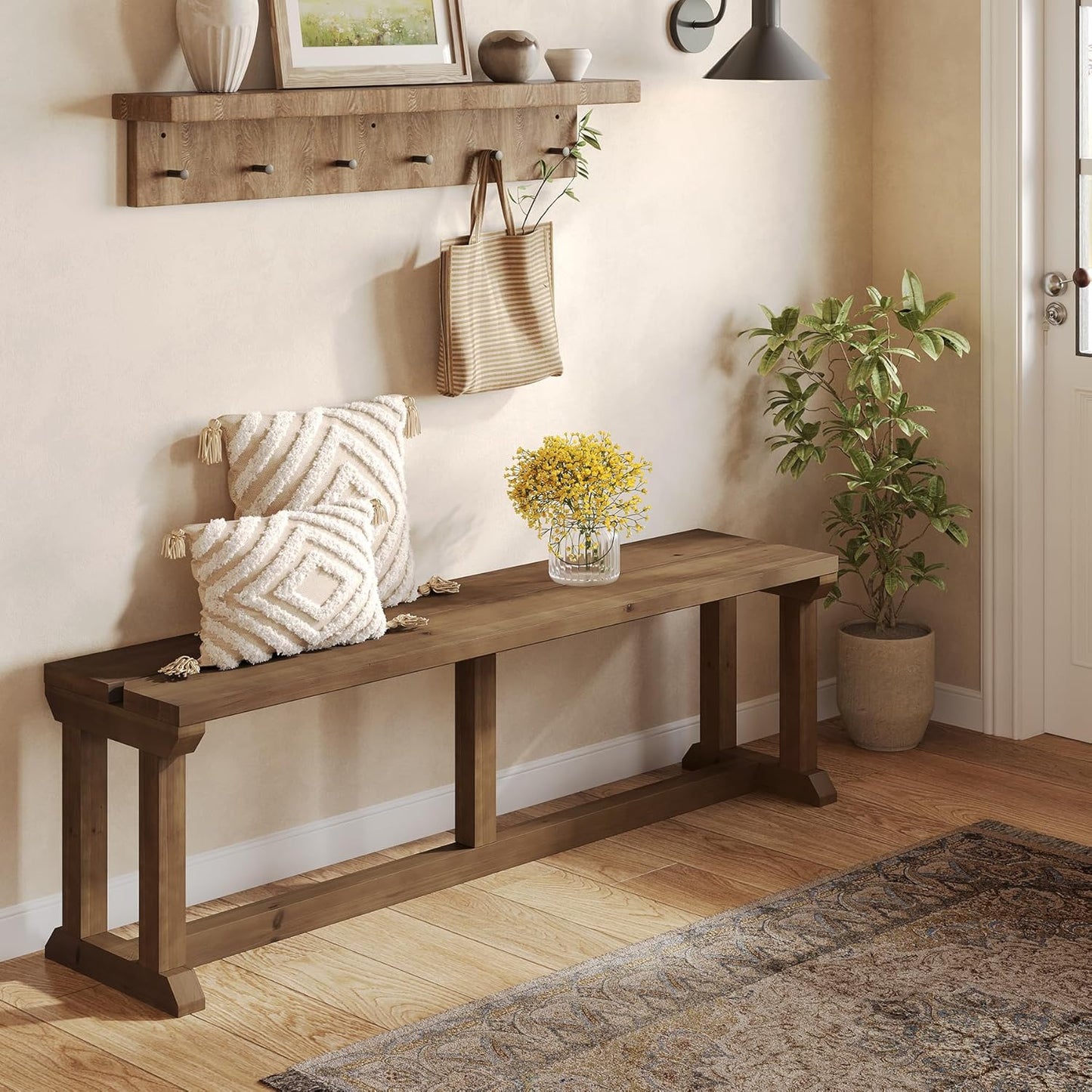 Solid Wood Shoe Bench, 59" Farmhouse Entryway Bench, Narrow Rustic Bed Seat for Bedroom, Entryway, Hallway, Living Room, Rustic Brown