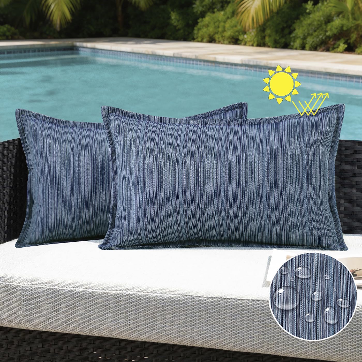 VAKADO Outdoor Waterproof Throw Pillow Covers 18x18 Set of 2,Chenille UV Decorative with Hem Patio Furniture Cushion Cases Decor for Bench Garden Tent Chair Seat Porch Couch,Stripe Beige