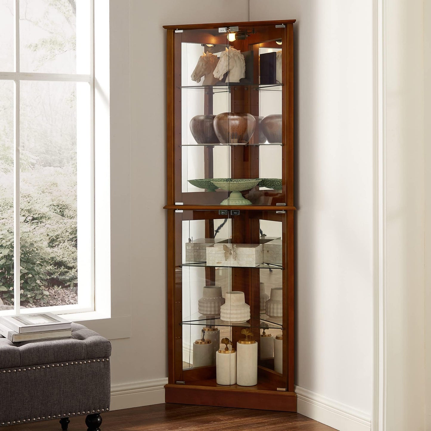 LKTART Corner Storage Cabinet,Glass Display Cabinet with Lights,Corner Curio Cabinet with Tempered Glass Doors and Shelves(70.5" T x15.4 D x 21.7" W Walnut)
