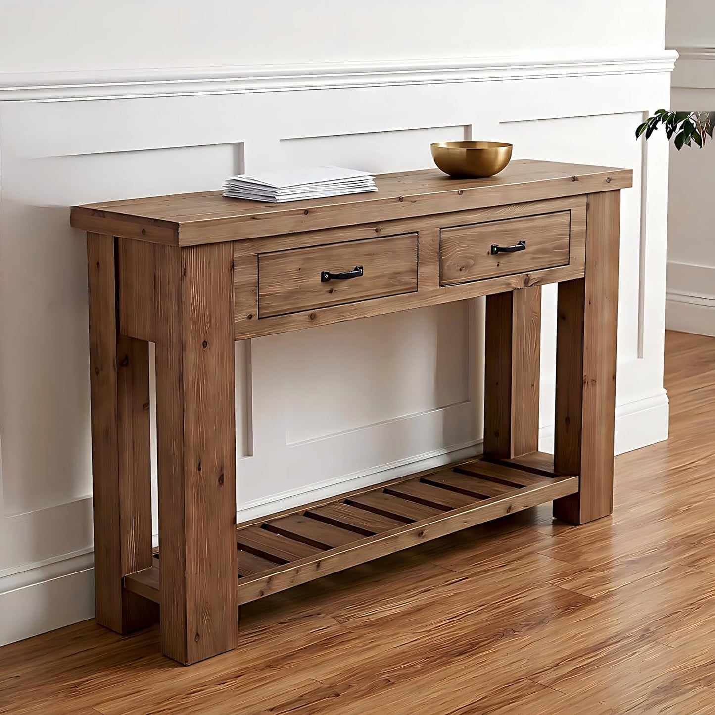 Farmhouse Solid Wood Console Table, 63-Inch Long Entryway Sofa Table with 2 Drawers and Open Slatted Shelf for Hallway, Entrance and Living Room