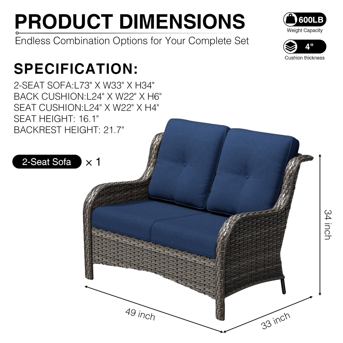 Joyside Outdoor Patio Couch,Outdoor Wicker Loveseat with High Back, Deep Seating, Wide Armrest, Thickened Cushions, Patio Loveseat for Deck, Porch Use