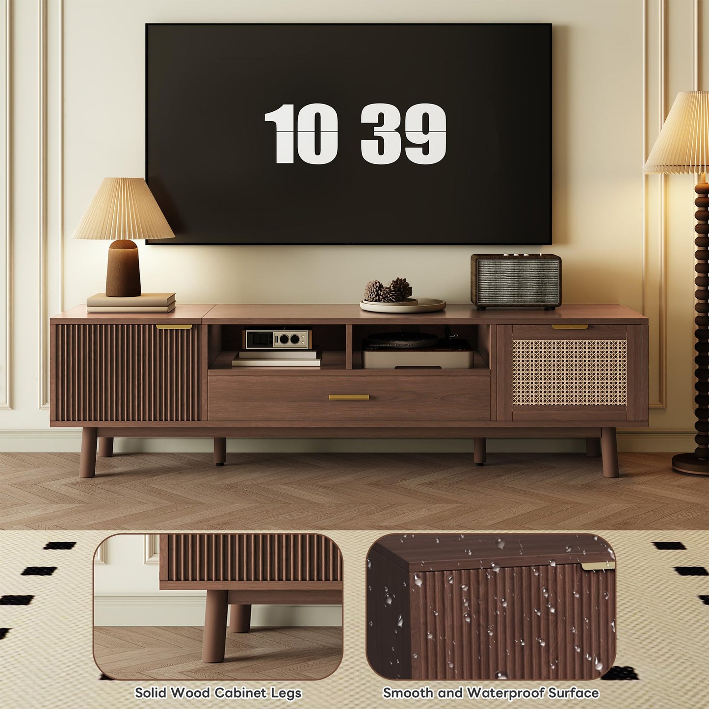 LKTART 67" Mid Century Modern TV Stand for 65/70/75/80" TVs,Entertainment Center with Sliding Doors and Drawers,Media Console for Living Room