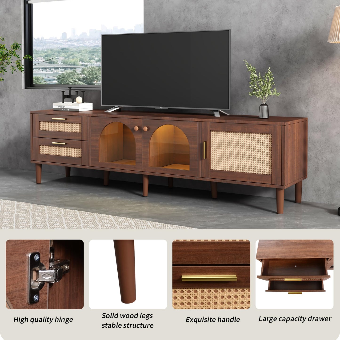 LKTART 67" Mid Century Modern TV Stand for 65/70/75/80" TVs,Entertainment Center with Sliding Doors and Drawers,Media Console for Living Room