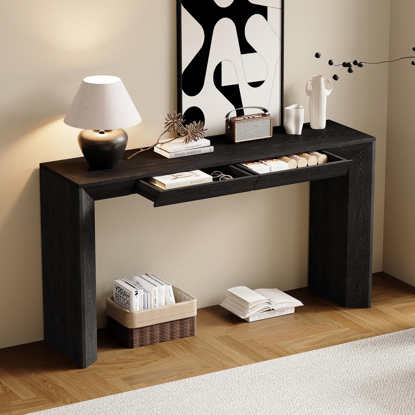 LKTART 60" Modern Farmhouse Console Table with 2 Drawers, Sofa Table Behind Sofa, Wooden Entryway Table for Living Room, Entryway & Foye,Black