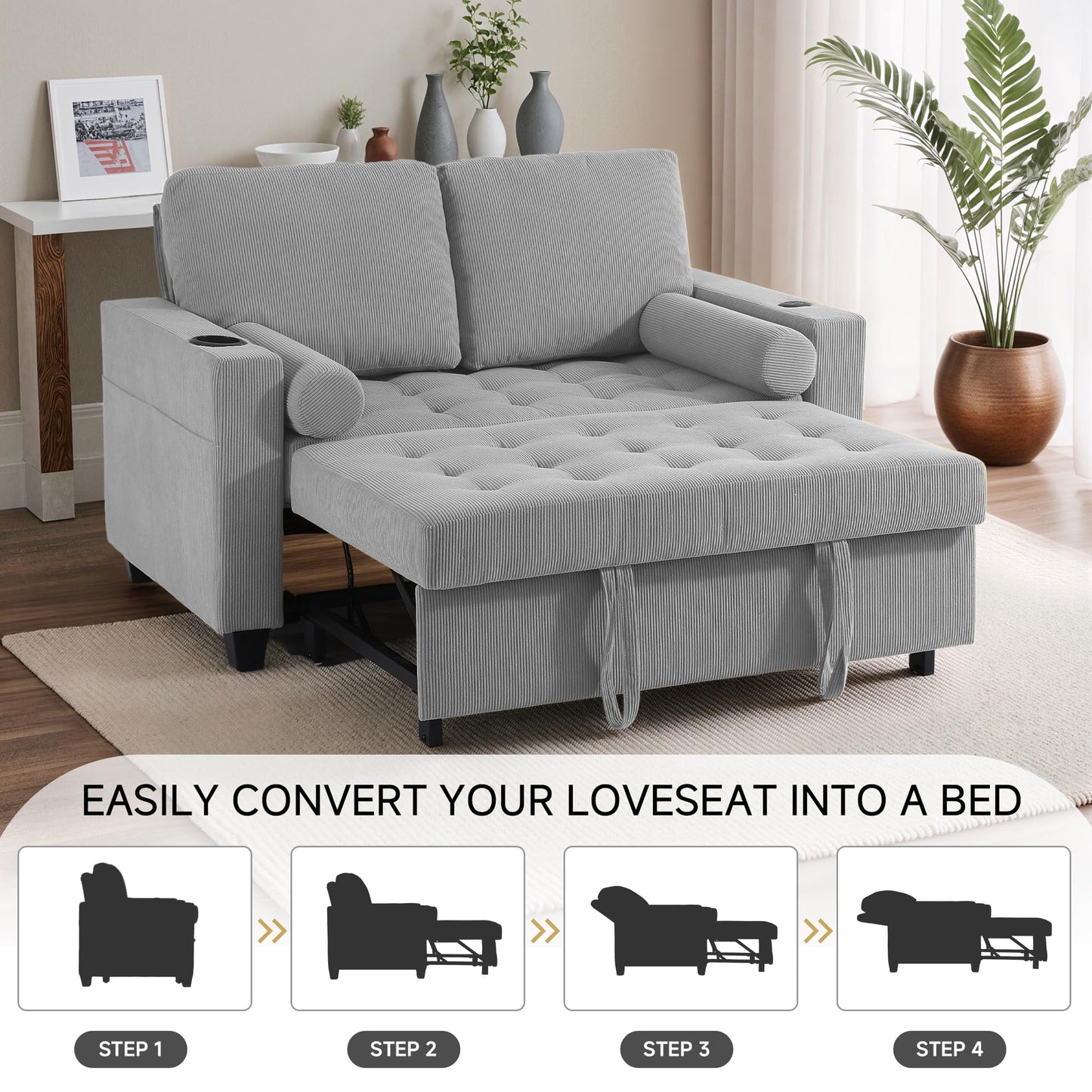 Sleeper Sofa Chair Bed, 3-in-1 Convertible Sleeper Chair with Pull Out Bed, Comfy Corduroy Sofa Bed Couch with Reclining Adjustable Backrest, USB Ports, Cup Holder, Side Pocket (Gray, 38.8")