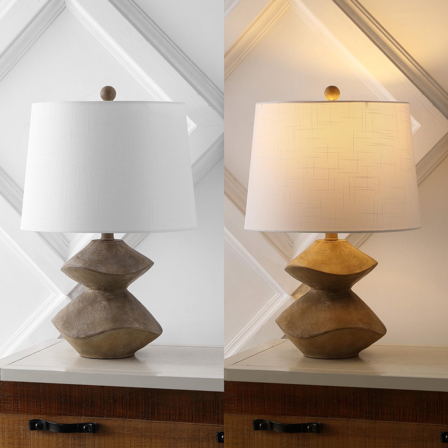 JONATHAN Y 24.5" Brown Wood Finish Coastal 3-Stack Cairn LED Table Lamp for Living Room, White Linen Shade, Rustic Mid-Century Modern Bedside Lamp for Bedroom Office JYL4061A
