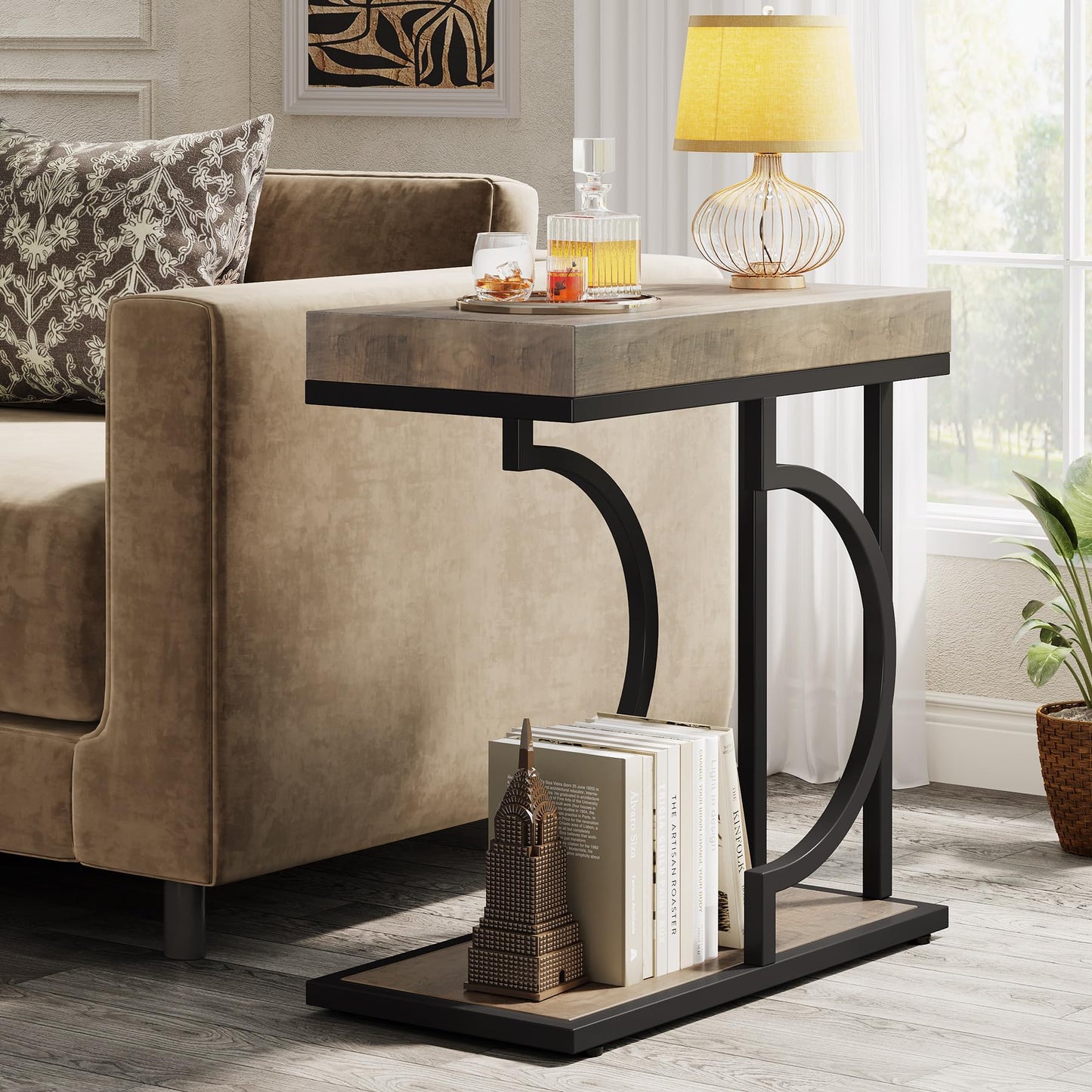 Tribesigns Narrow Side Table for Couch, C Shaped End Table with Metal Frame, Modern Bedside Tables, Small Sofa Tables for Small Spaces, Living Room (1, Brown+Black)