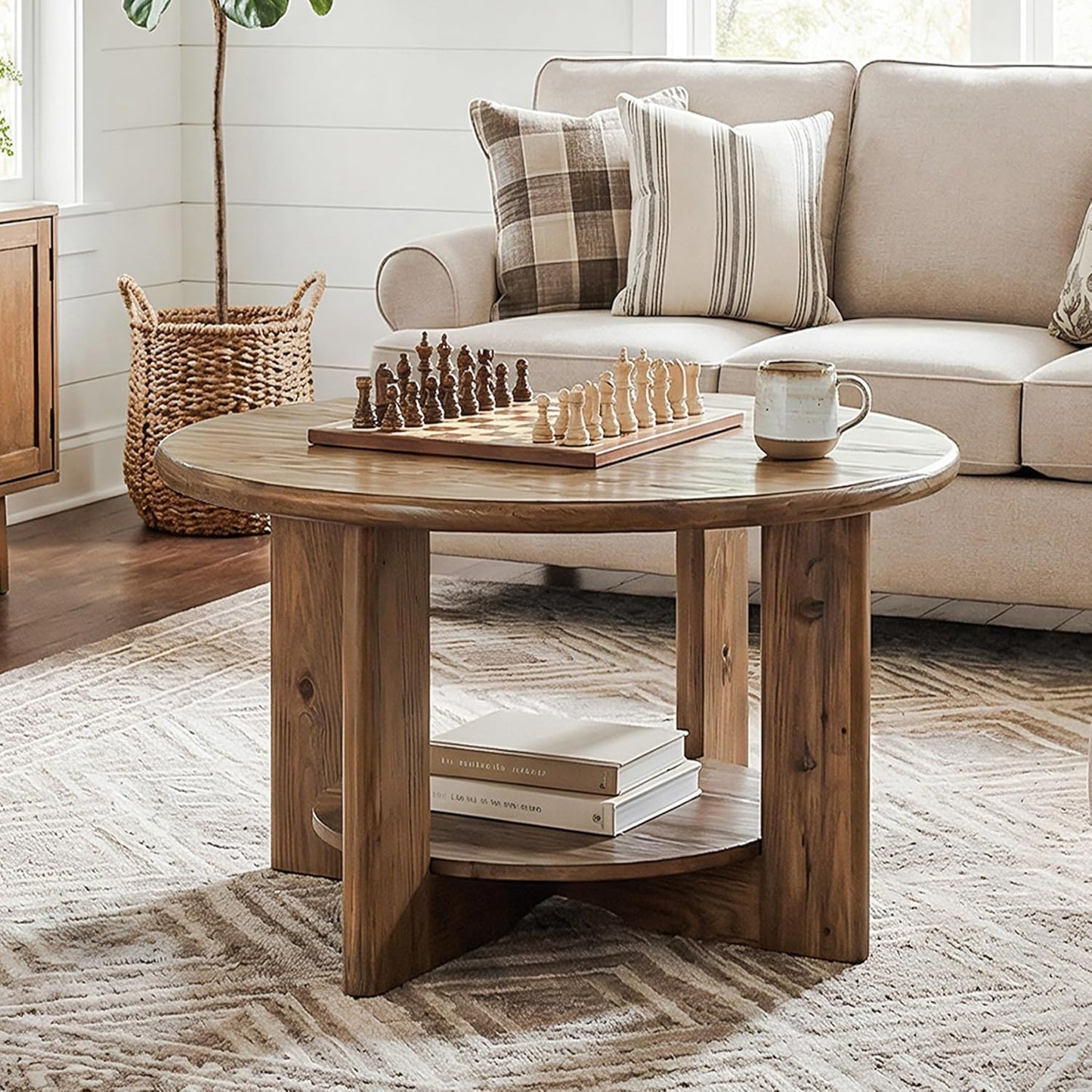 Solid Wood Round Coffee Table, 2-Tier Circle Coffee Table with Storage, Farmhouse Wood Accent Center Table for Living Room, Easy Assembly, Rustic Brown
