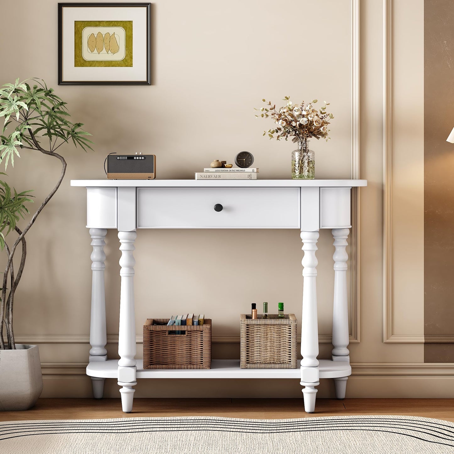 LKTART Small Solid Wood Sofa Table,Console Table with Drawers and Bottom Shelf, Entryway Hallway Foyer Entry Table for Living Room(23.7" Natural)
