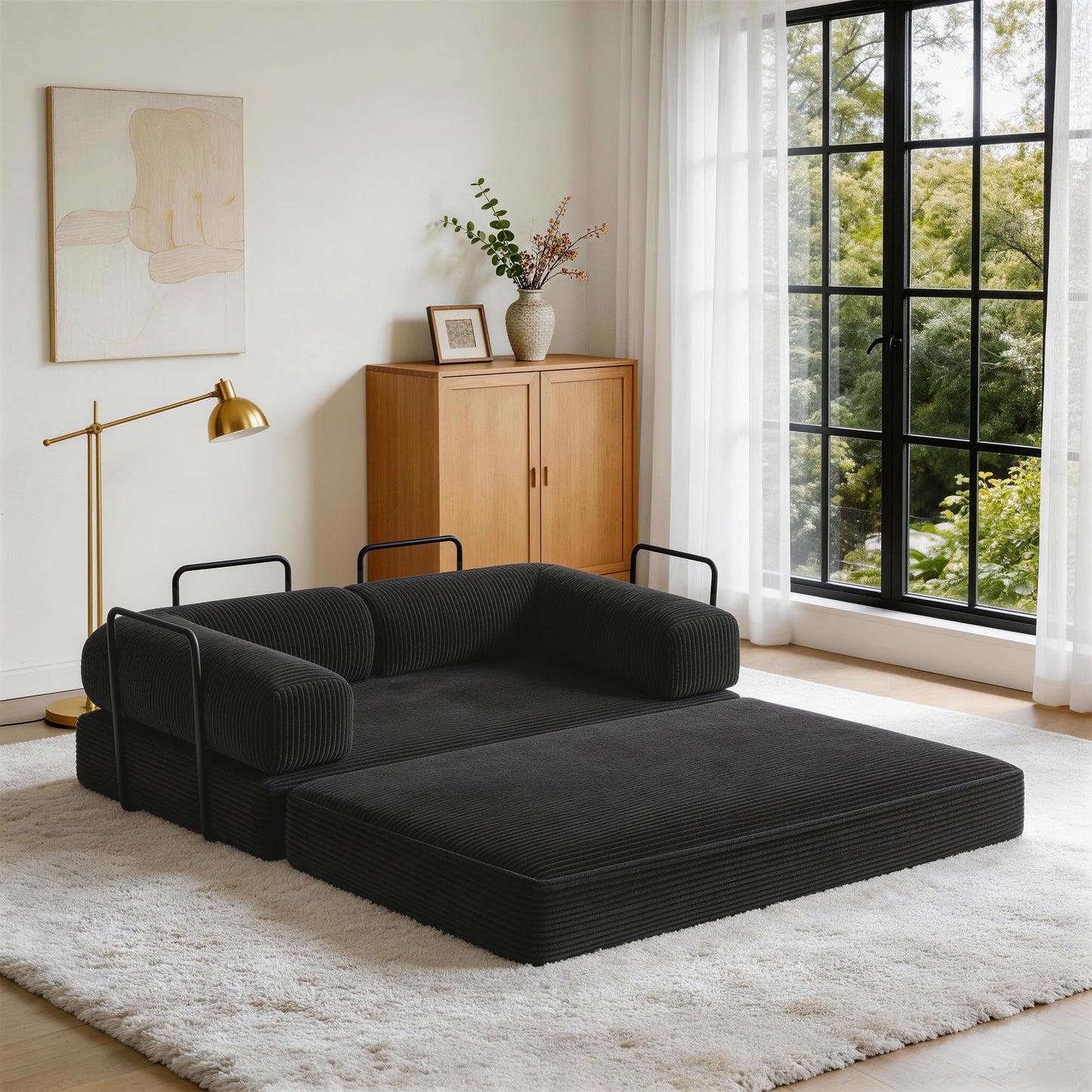 79'' Convertible Sleeper Sofa Bed, 4-in-1 Corduroy Folding Floor Couch, No Assembly Modular Boneless Loveseat with Pull Out Bed, Comfy Foldable Sofa Bed for Living Room Bedroom Guest Room, Gray