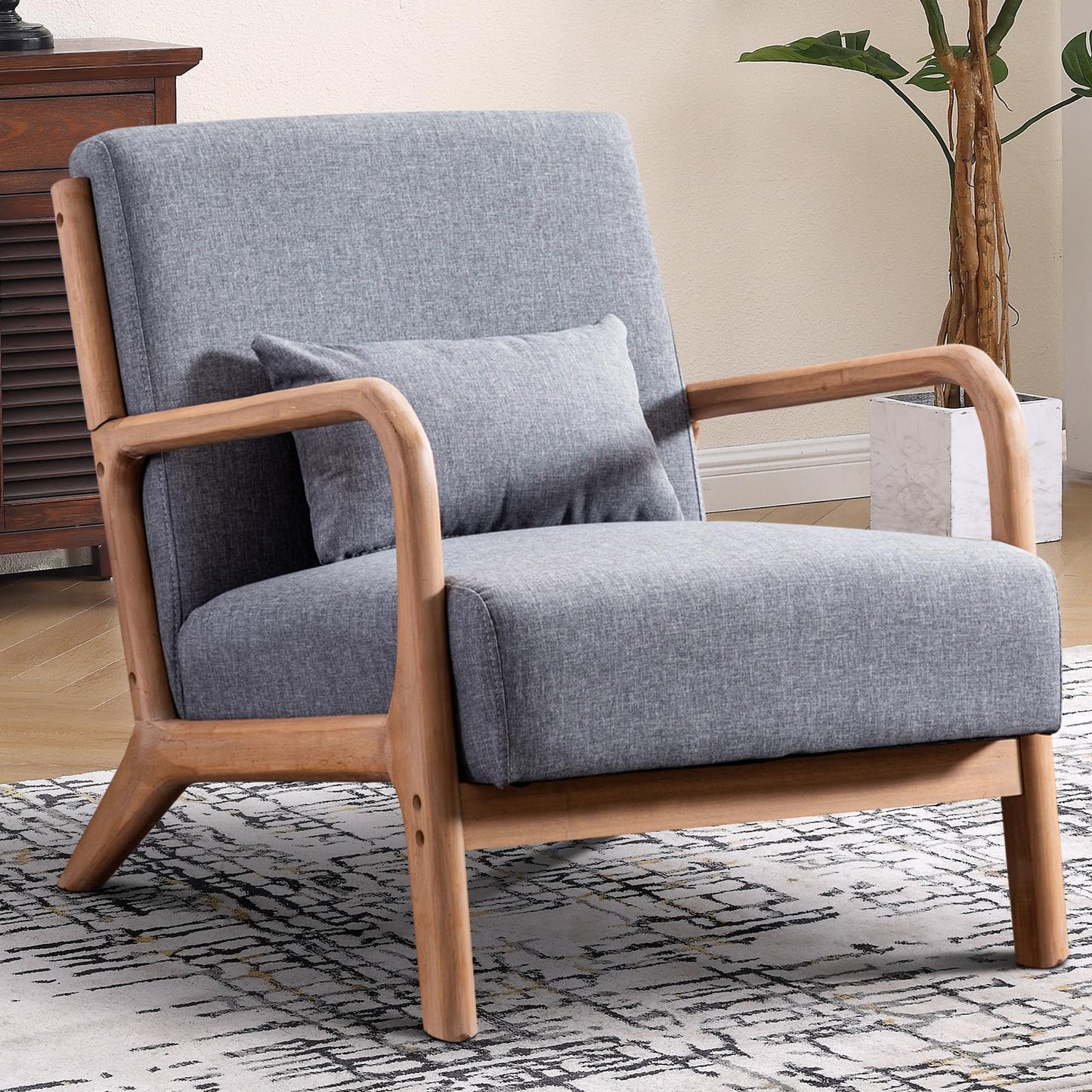 IOMOR Accent Chair Mid Century Modern Chair Linen Fabric Living Room Chairs with Solid Wood Frame Comfy Upholstered and Lumbar Pillow Reading Side Chair Easy Assembly for Bedroom Room (1, Linen Green)