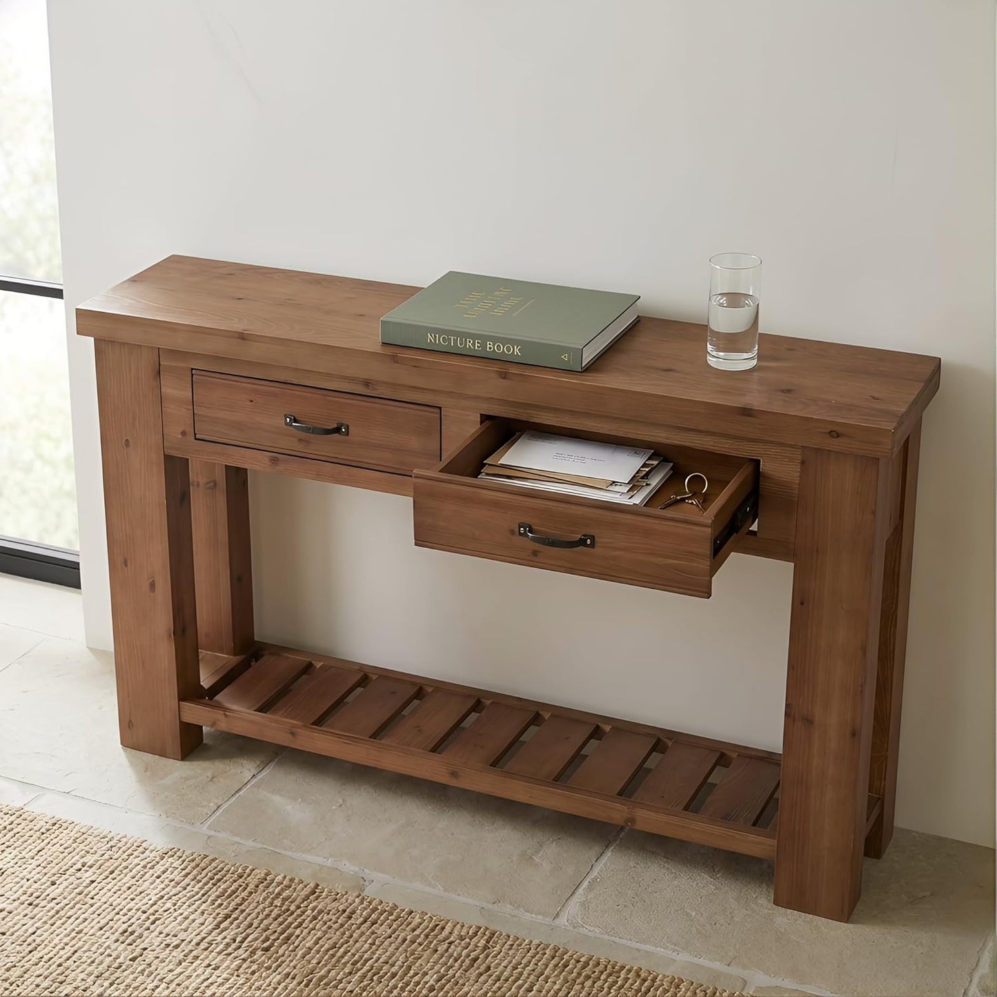 Farmhouse Solid Wood Console Table, 63-Inch Long Entryway Sofa Table with 2 Drawers and Open Slatted Shelf for Hallway, Entrance and Living Room