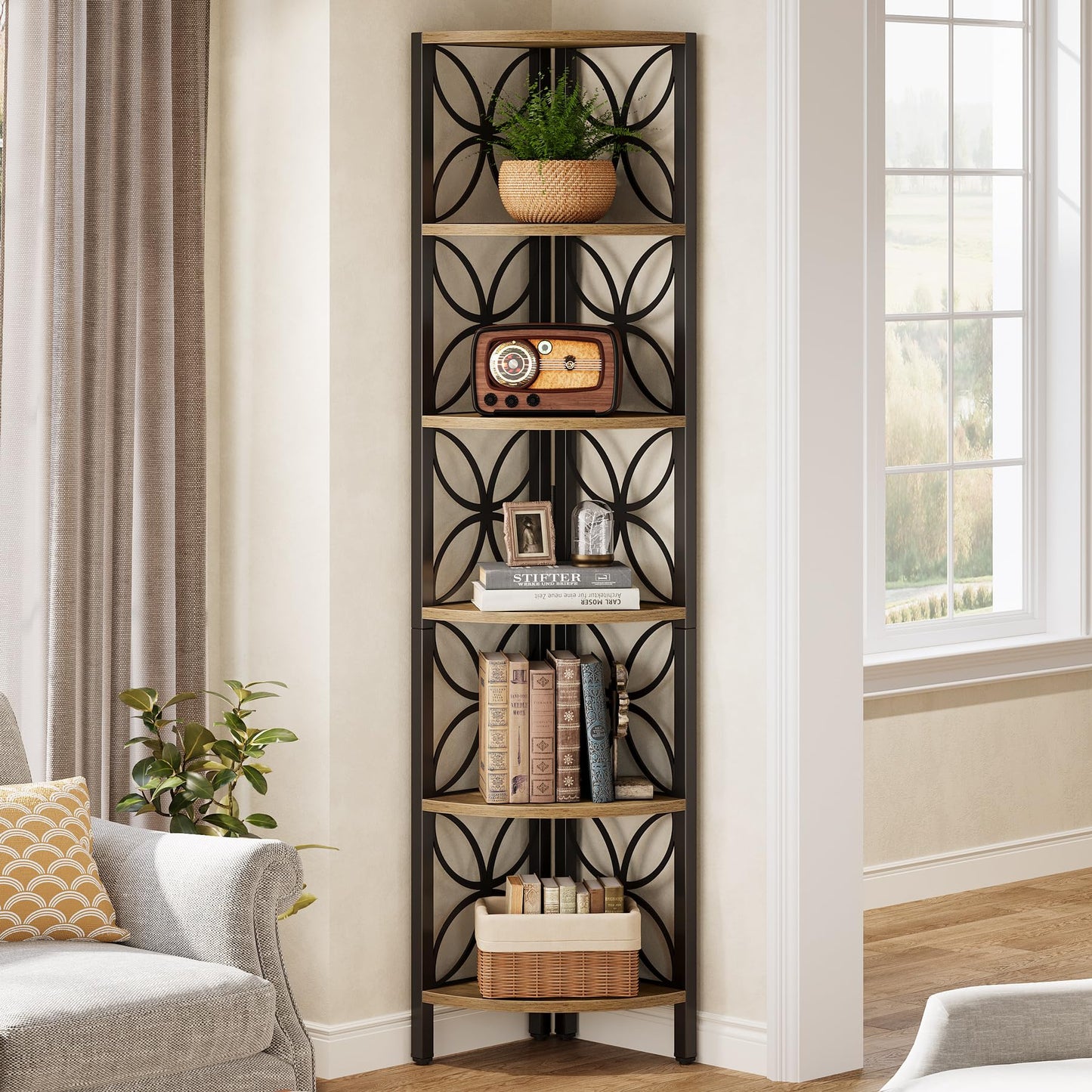 Tribesigns 6-Tier Corner Shelf, Industrial 70.9" Rustic Corner Bookshelf Display Shelf for Living Room, Wooden Shelving Unit Plant Stand Storage Rack for Bedroom, Bathroom, Kitchen,Natural