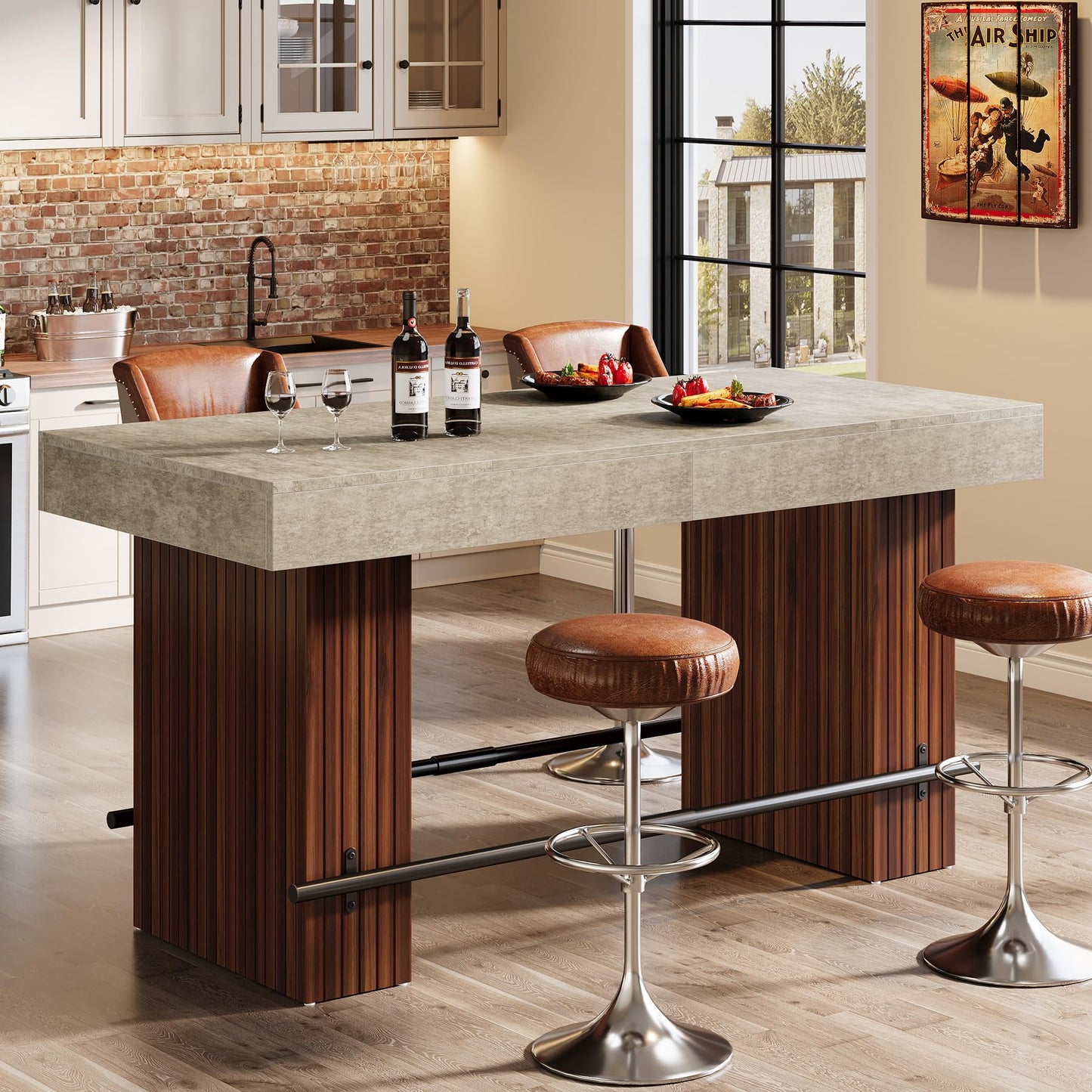 Tribesigns 62.2 Inch Bar Table, Industrial Counter Height Pub Dining Table, Rectangular Home Bar Units with Metal Footrest for Home Kitchen, Dining Room, Bistro, Brown and Dark Grey