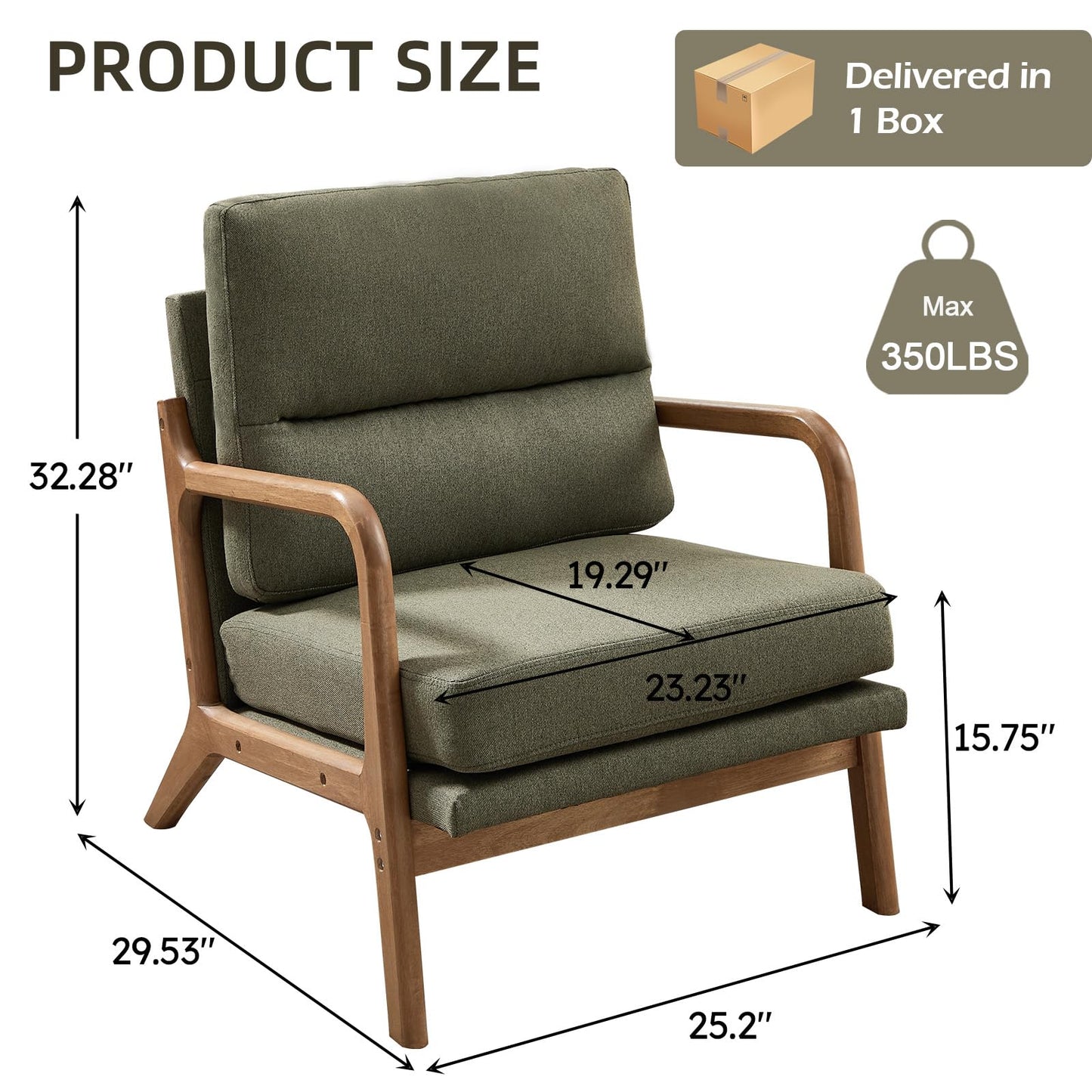 IOMOR Mid Century Modern Accent Chair with Solid Wood Frame Linen Fabric, Upholstered Living Room Chairs with Lumbar Cushion Padded Arms, Reading Armchair for Bedroom (1, Warm Beige)