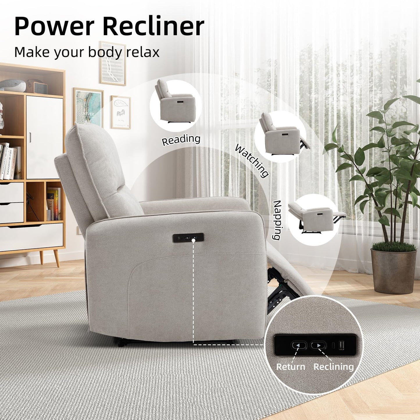 IOMOR Power Recliner Chair for Adults, Electric Recliner with USB Tape-C Ports, Zero Wall Single Reclining for Small Space, Living Room (1, Grey)