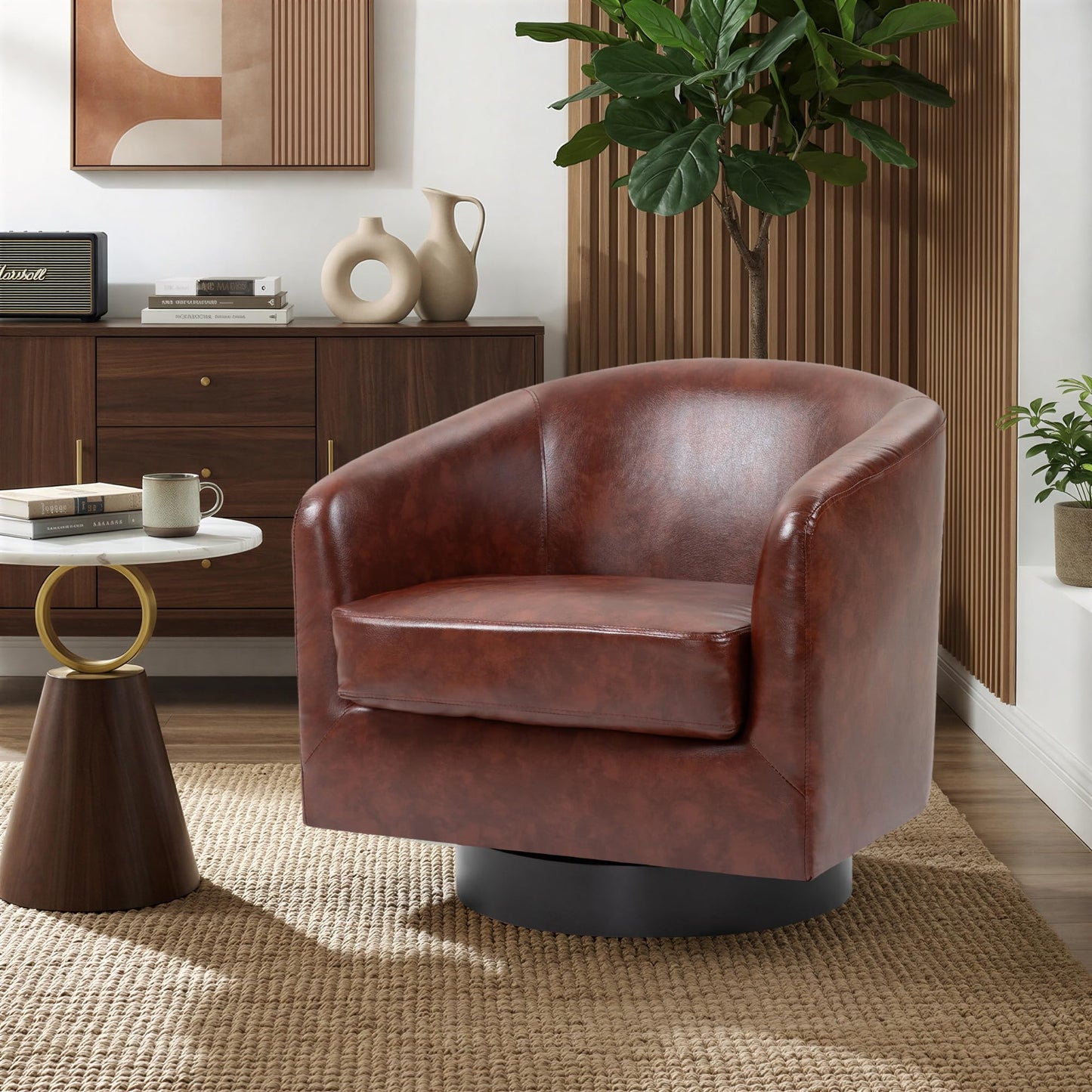 Swivel Barrel Chairs Set of 2, 31" W Modern Faux Leather Round Swivel Accent Chair for Living Room, 360° Rotation Upholstered Armchair Club Chair for Bedroom, Reading Room, Office (Brown)