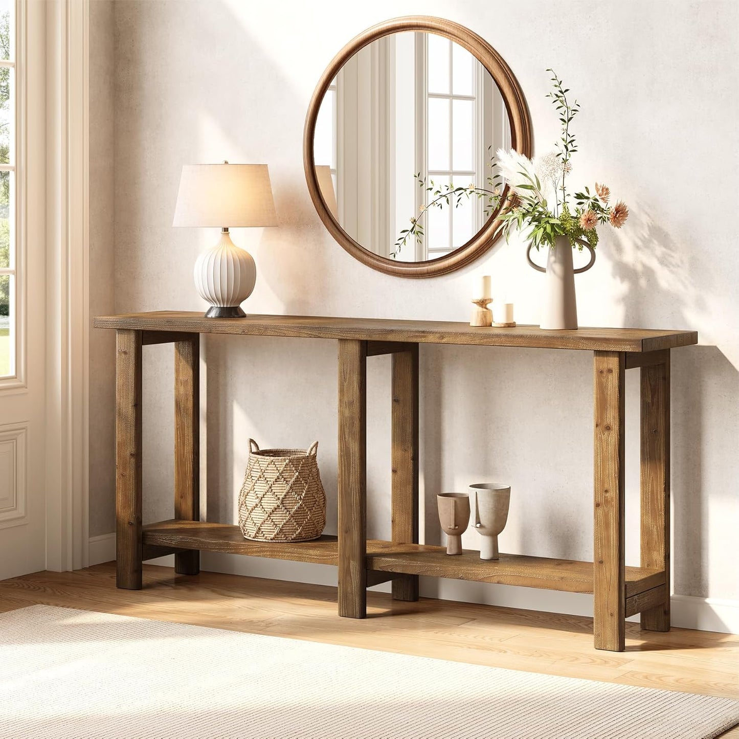 Solid Wood Console Table, 70.9-Inch Long Wooden Sofa Table Behind Couch for Entryway, Hallway, Foyer, Living Room, Natural Brown