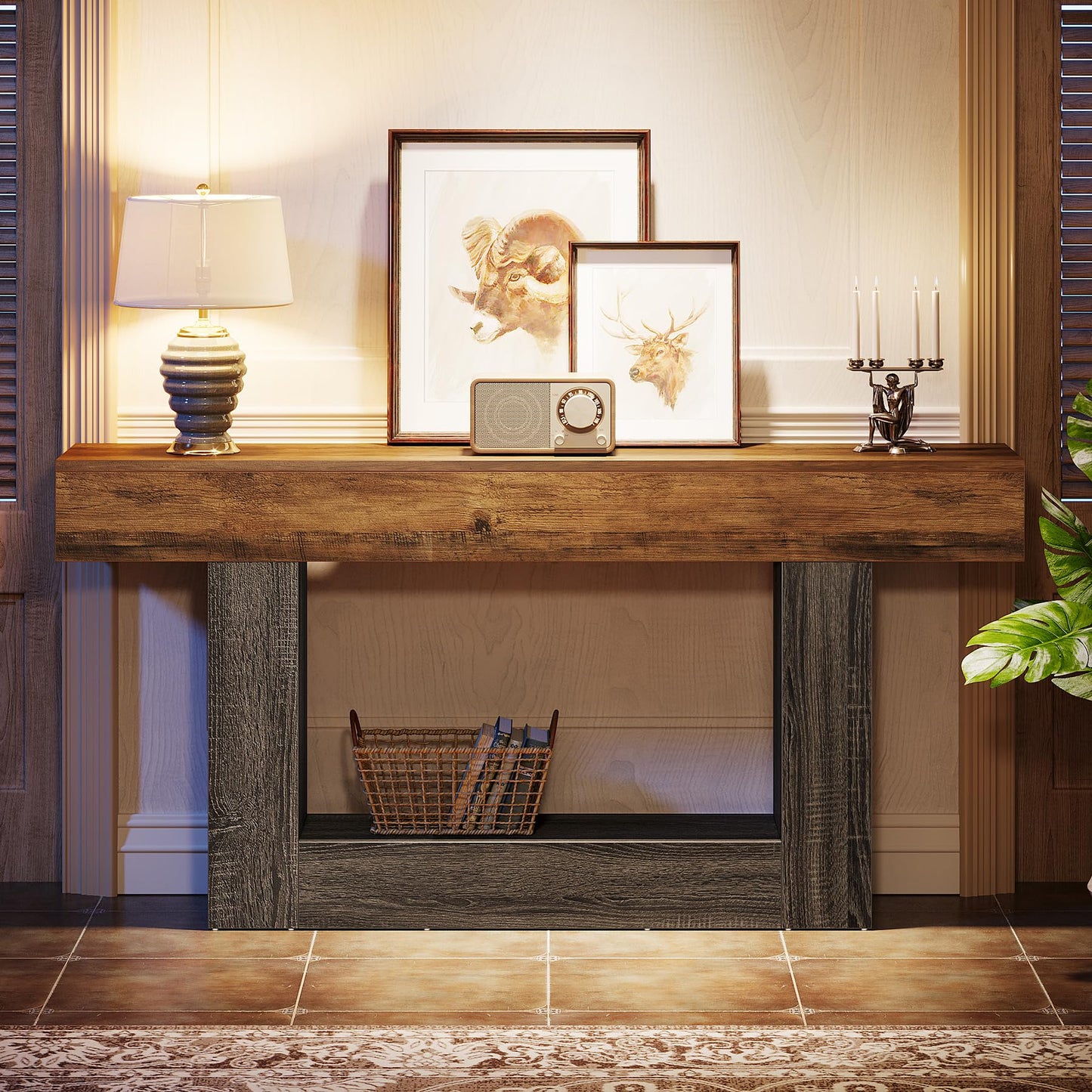Tribesigns 63" Console Table, Farmhouse 2-Tier Entryway Table with U-Shaped Base, Narrow Long Wood Sofa Table Behind Couch Table for Living Room, Hallway, Foyer, Vintage Brown & Gray | Farmhouse