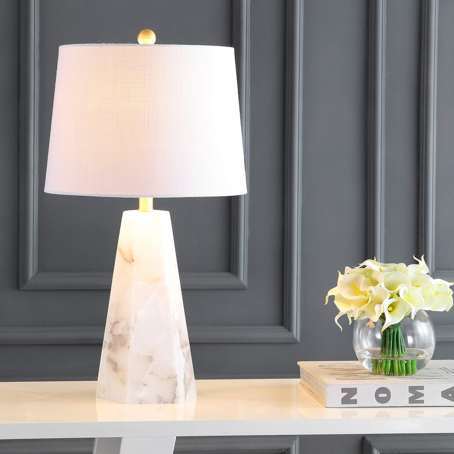 JONATHAN Y 25.5" Natural/Black Modern Table Lamp for Bedroom, White Linen Shade, Contemporary Bedside Nightstand Lamp for Living Room, LED Bulb Included (JYL6205B)