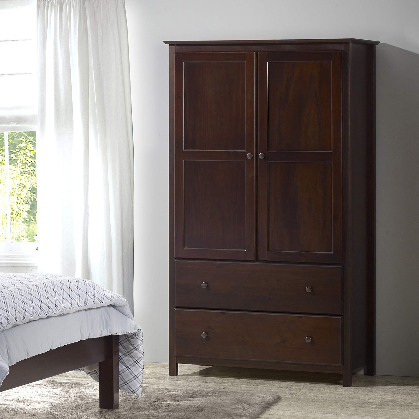 Grain Wood Furniture Shaker 2-Door Wardrobe, Solid Wood with Walnut Finish