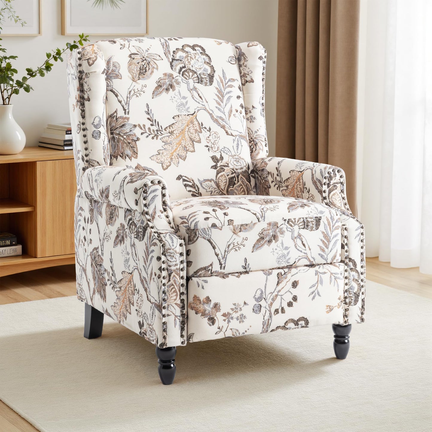 Pushback Recliner Chair, Printed Fabric Wingback Recliner Chair for Living Room, Upholstered Armchair Push Back Recliner with Wood Legs, Rivet Trim Wingback Accent Chair for Bedroom, Navy