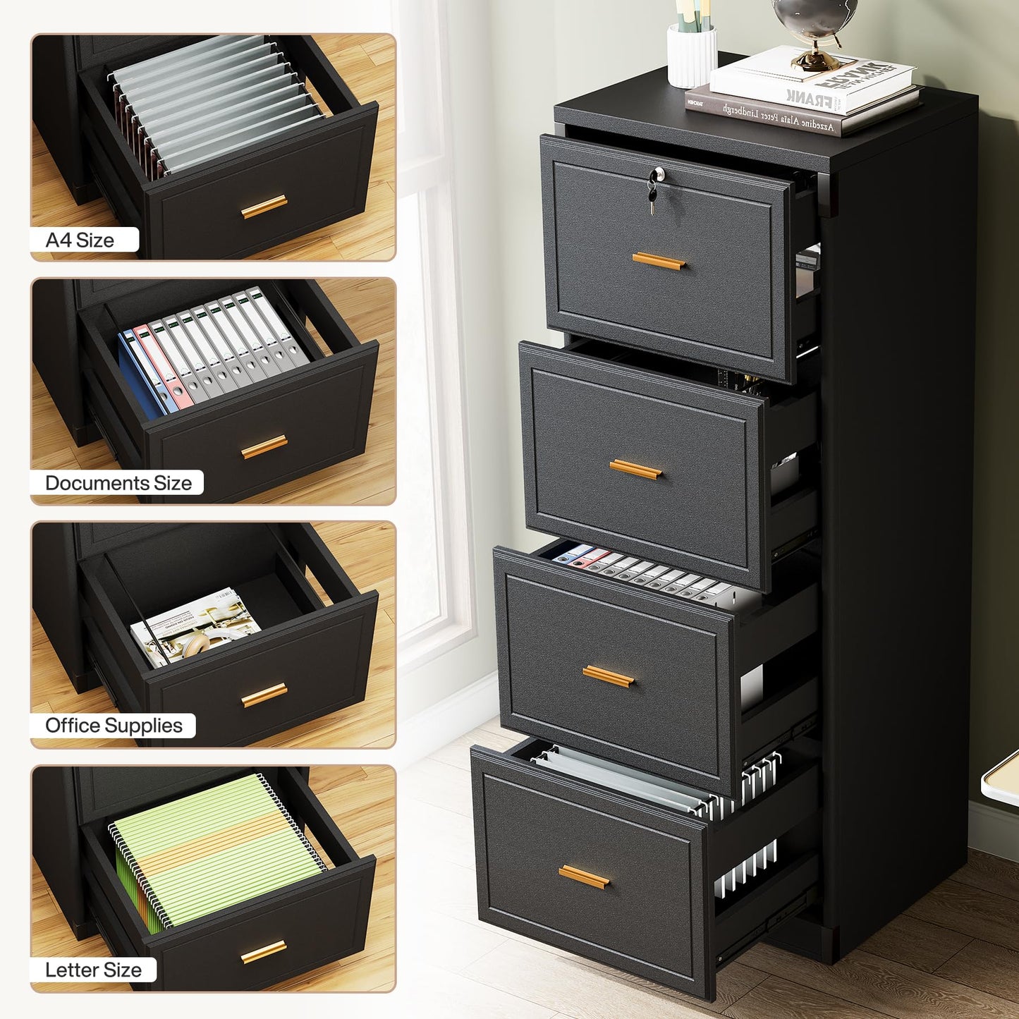 Tribesigns 4-Drawer File Cabinet with Lock, Locked File Cabinet with Key, Tall Wooden Filing Cabinets for Home Office, Vertical Office Storage for Legal Size/Letter/A4/Files, Brown