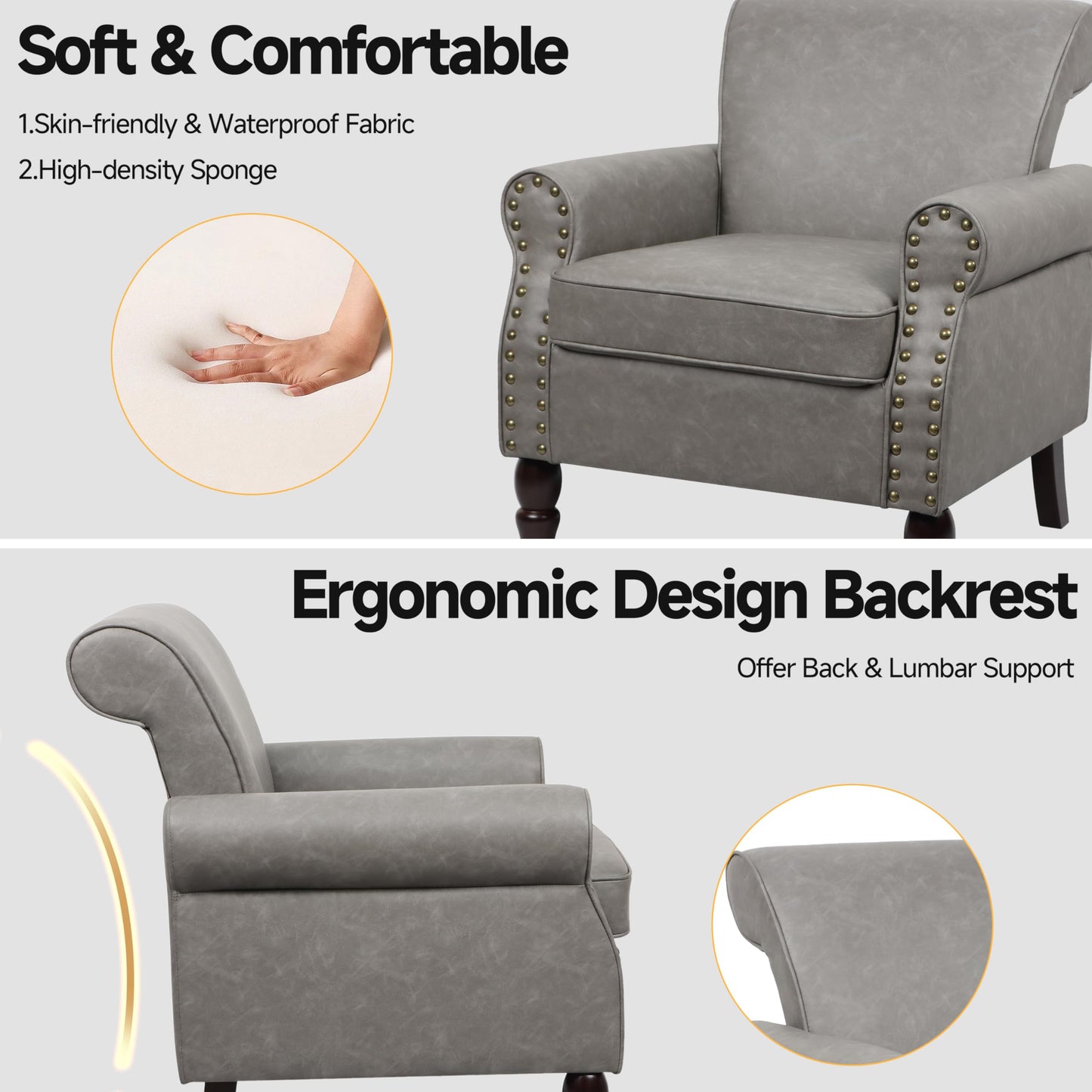 Wingback Accent Chairs Set of 2, Mid-Century Modern Upholstered Armchair Living Room Chair with Nailhead Trim & Rolled Armrest, Comfy Lounge Chair Single Sofa Chair for Bedroom, Light Blue