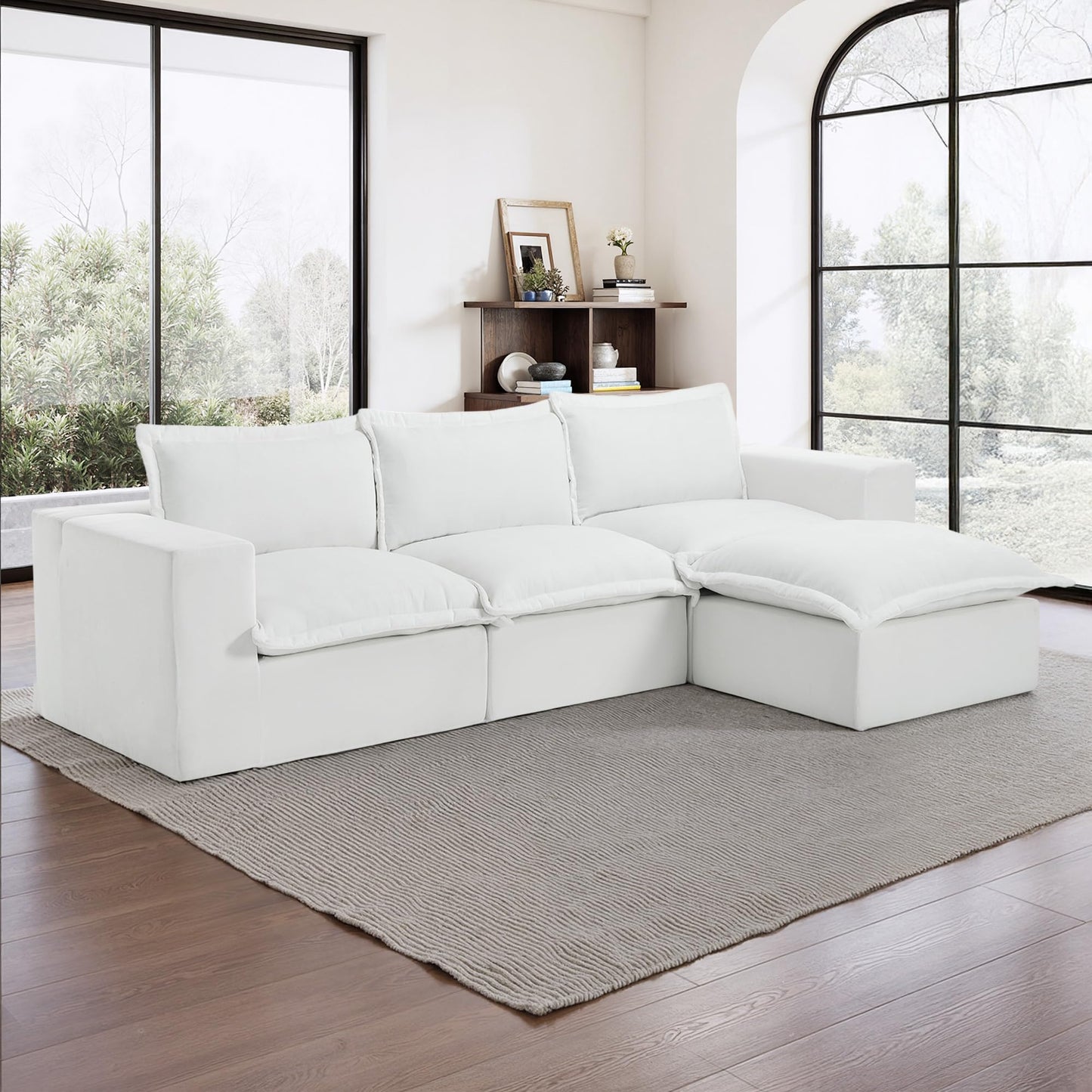 116" Modular Sectional Sofa, Comfy L Shaped Modular Coush Sofa with Ottoman, 3-Seat Chenille Cloud Couches Deep Seat Sofa for Living Room, Apartment, Small Spaces, Beige
