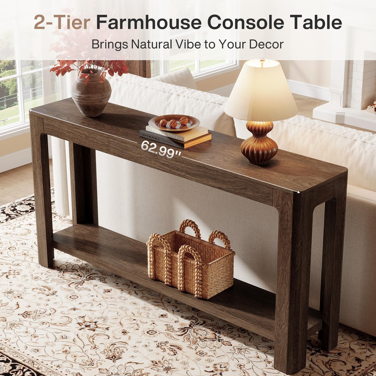 Tribesigns 63 Inch Entryway Console Table, 2-Tier Farmhouse Narrow Sofa Table Behind Couch, Accent Entrance Console Furniture for Entryway, Foyer, Hallway, Rustic Brown