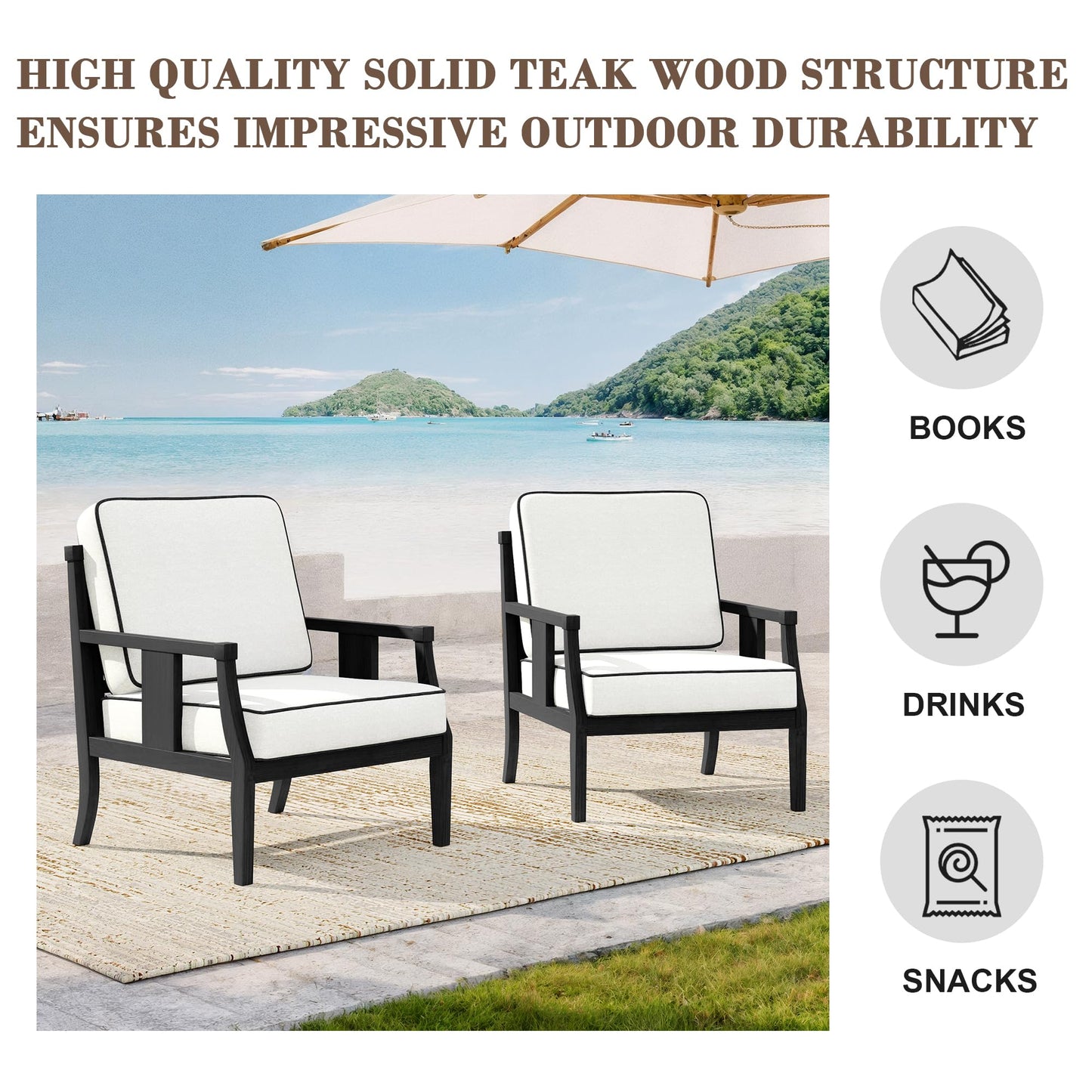 Outdoor Patio Armchairs Set of 2, All-Weather Solid Wood Patio Furniture Sets, Outdoor Sofa Chairs with Washable Thick Cushions for Porch, Balcony, Deck, Black Frame & Gray Cushion
