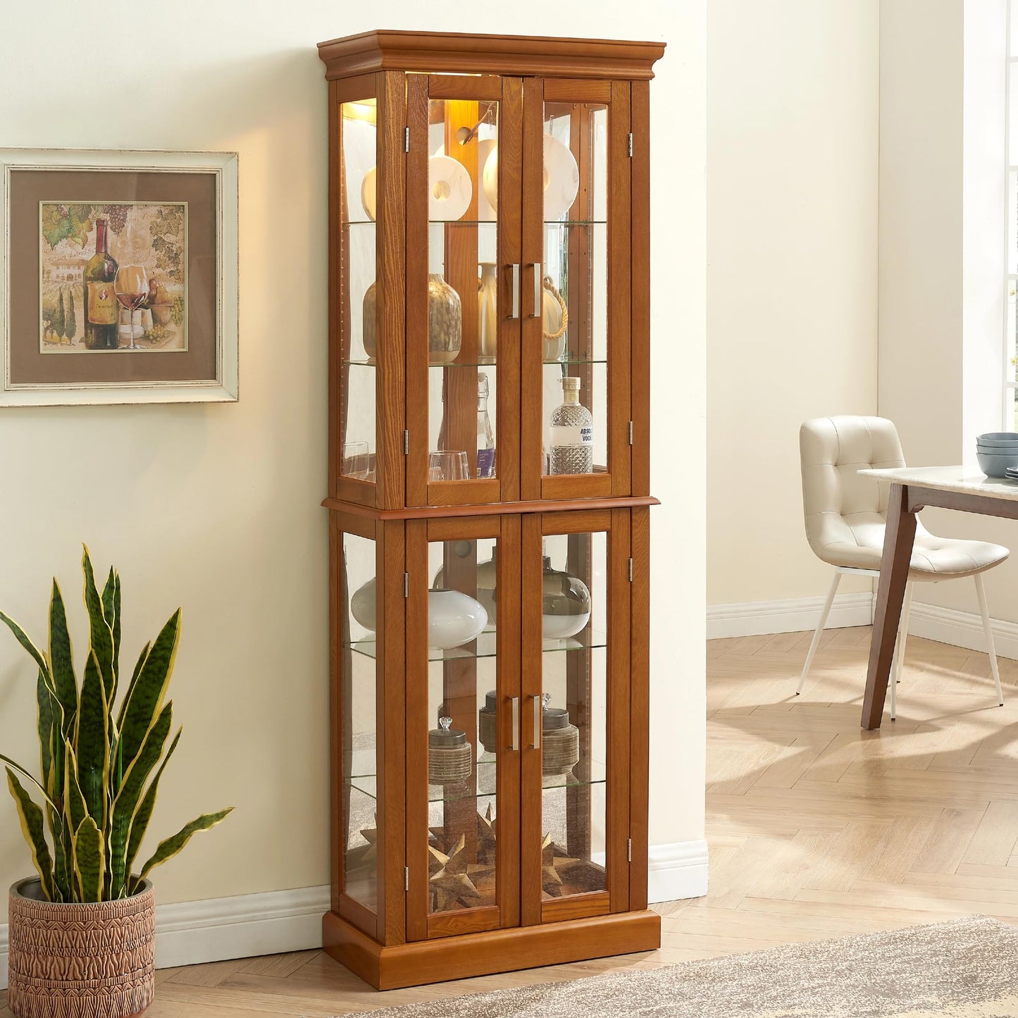 LKTART Curio Glass Display Cabinet with Lighted and Mirrored Back Panel,China Cabinets with Glass Doors,Tall Storage Cabinets with Adjustable Shelves for Curio Collectibles Storage(Cherry)