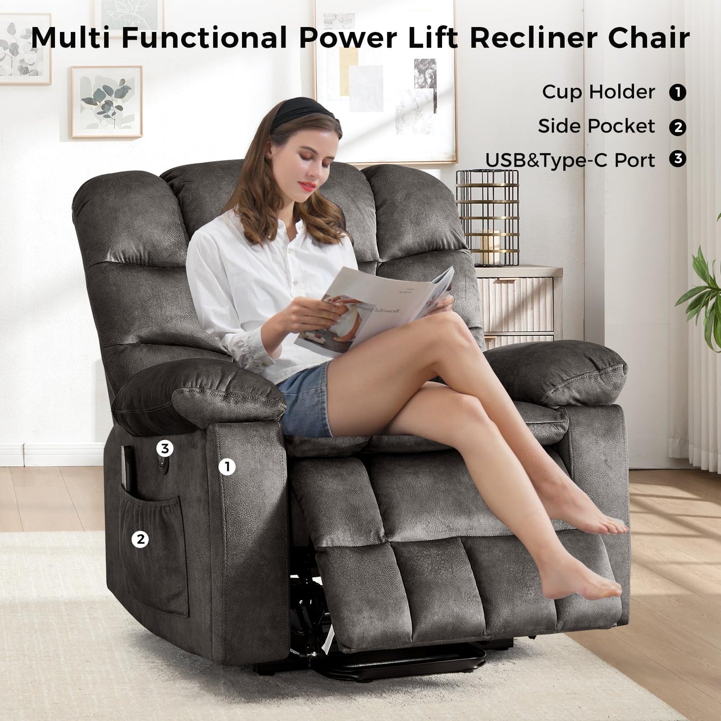 IOMOR Large Power Lift Recliner with Massage and Heat for Elderly, Heavy Duty & Safety Motion Reclining Mechanism, Ergonomic Electric Wider Chair with USB Port, 2 Hidden Cup Holders (1, Brown)