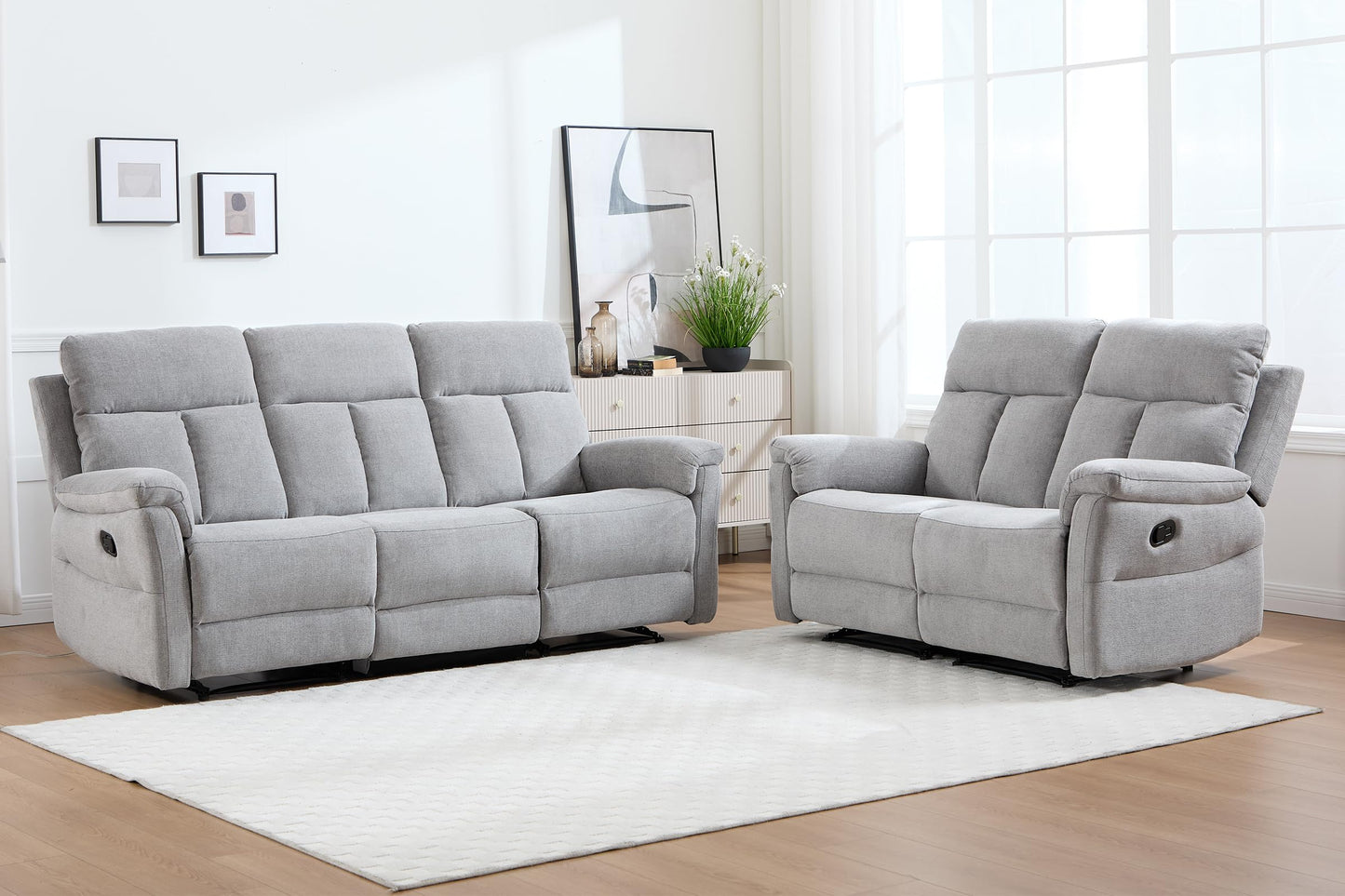IOMOR Manual Reclining Loveseat, Soft Fabric Loveseat Recliner Couch for Adults with Overstuffed Arms and Back, Double Sofa Recliner for Living Room (Light Gray)