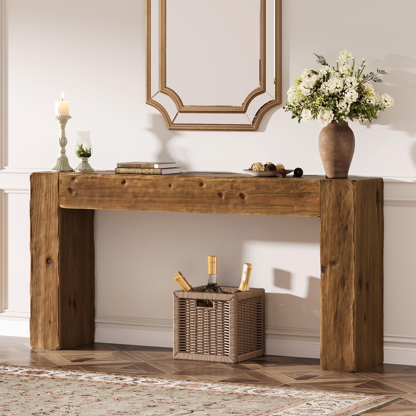 Solid Wood Console Table, 63-Inch Farmhouse Sofa Table Behind Couch for Entryway, Living Room, Foyer, Easy Assembly (Light Wood)