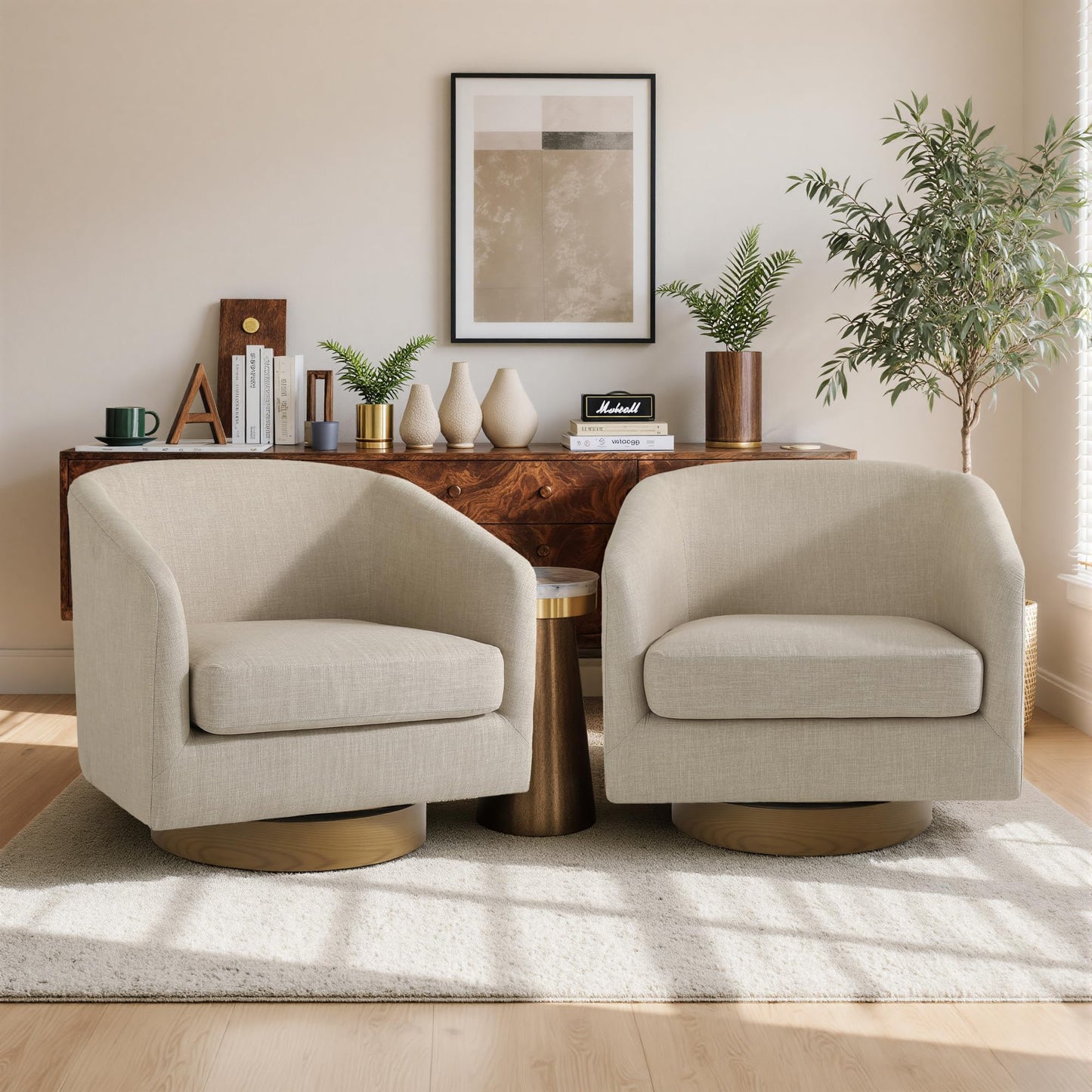 Swivel Barrel Chairs Set of 2, 31" W Modern Faux Leather Round Swivel Accent Chair for Living Room, 360° Rotation Upholstered Armchair Club Chair for Bedroom, Reading Room, Office (Brown)