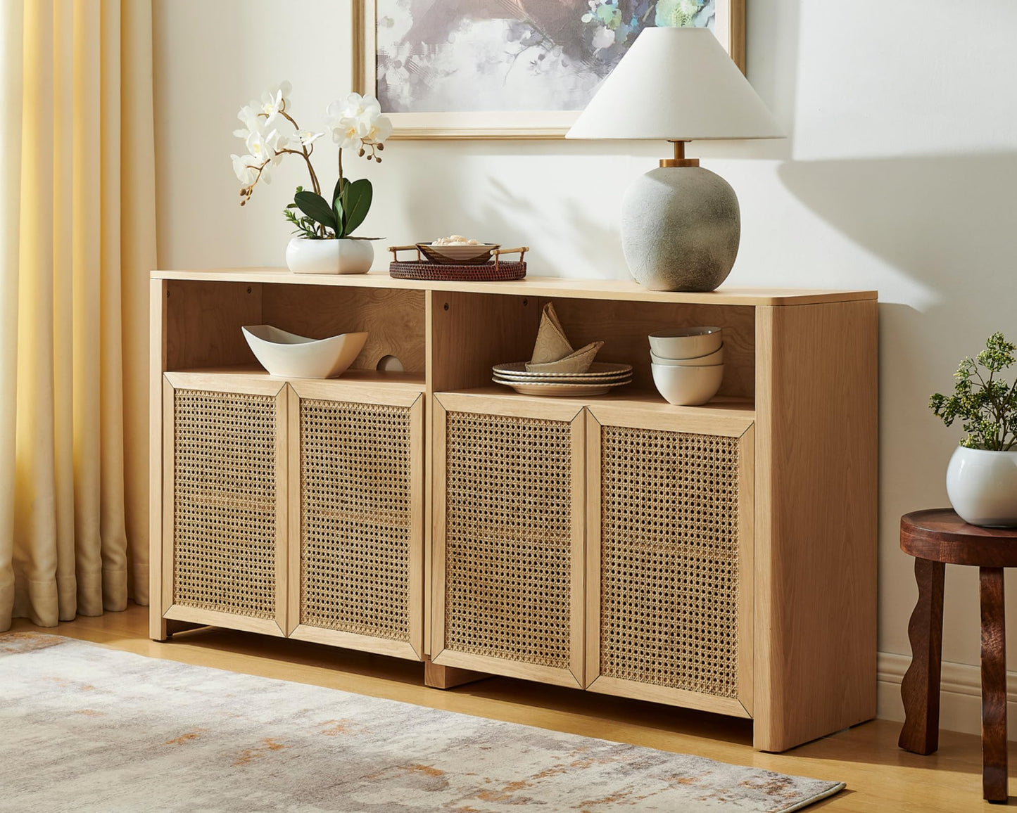 LKTART 63" Rattan Sideboard Buffet Cabinet,Kitchen Storage Cabinet,Wood Coffee Bars with 4 Doors & Open Storage Shelves,Mid Century Modern Credenza Console Table for Living Room,Walnut